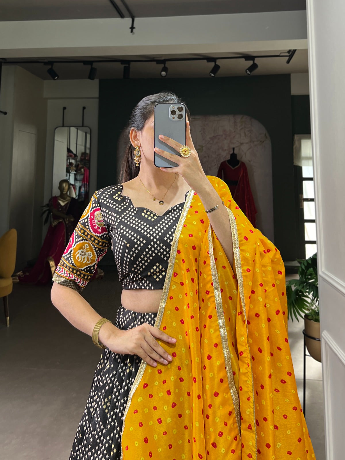 Spectacular Tussar Silk Bandhej Patola Printed Lehenga Choli - INDIAN ELEGANCE