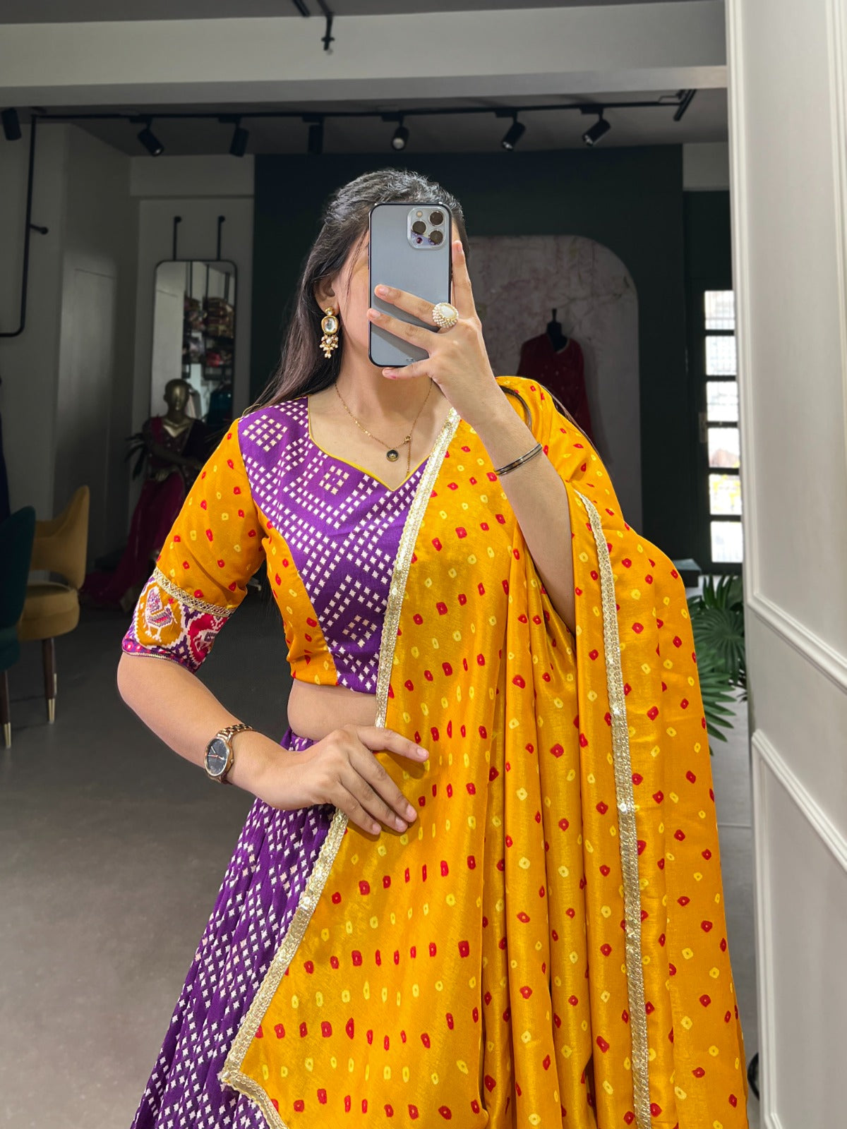 Spectacular Tussar Silk Bandhej Patola Printed Lehenga Choli - INDIAN ELEGANCE