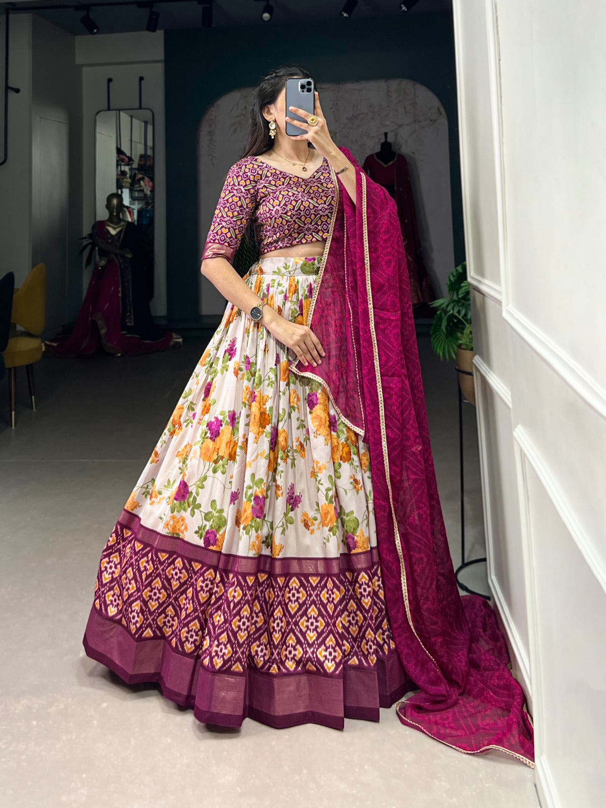 Stylish Wine Tussar Silk Floral Patola Printed Lehenga Choli Set - INDIAN ELEGANCE
