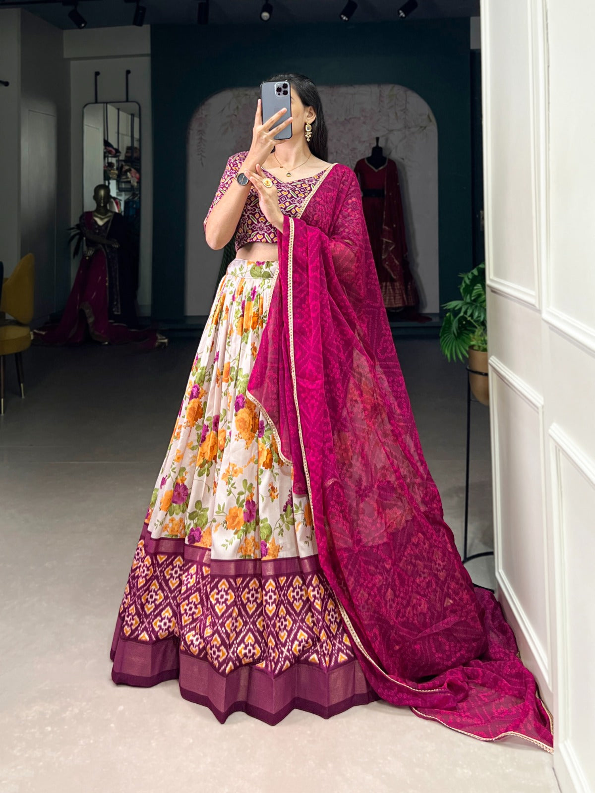 Stylish Wine Tussar Silk Floral Patola Printed Lehenga Choli Set - INDIAN ELEGANCE