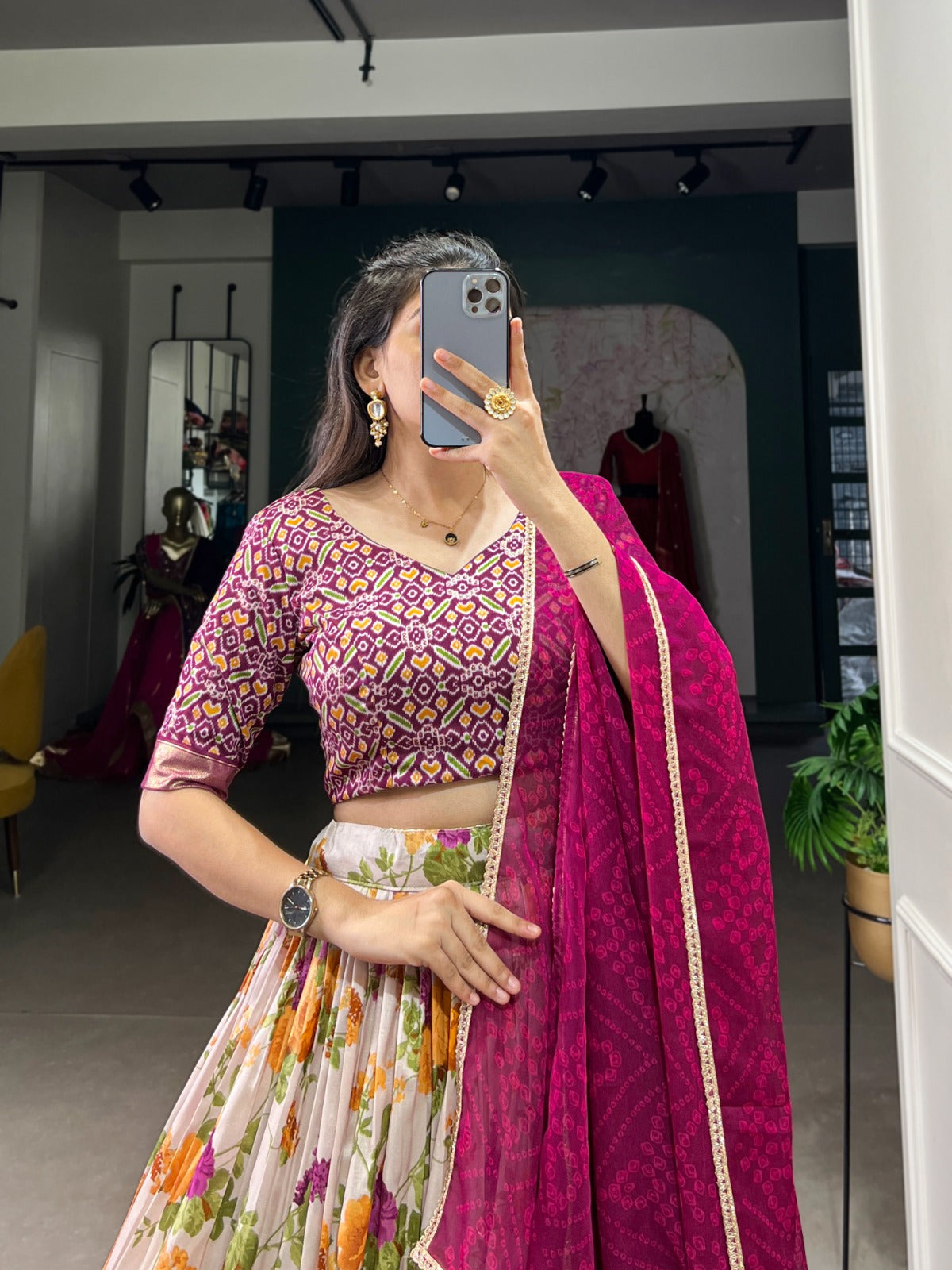 Stylish Wine Tussar Silk Floral Patola Printed Lehenga Choli Set - INDIAN ELEGANCE