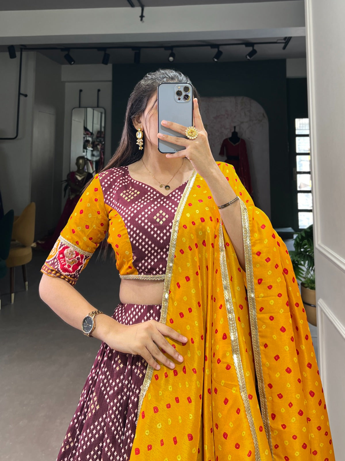 Delightful Tussar Silk Patola Printed Lehenga Choli Set - INDIAN ELEGANCE