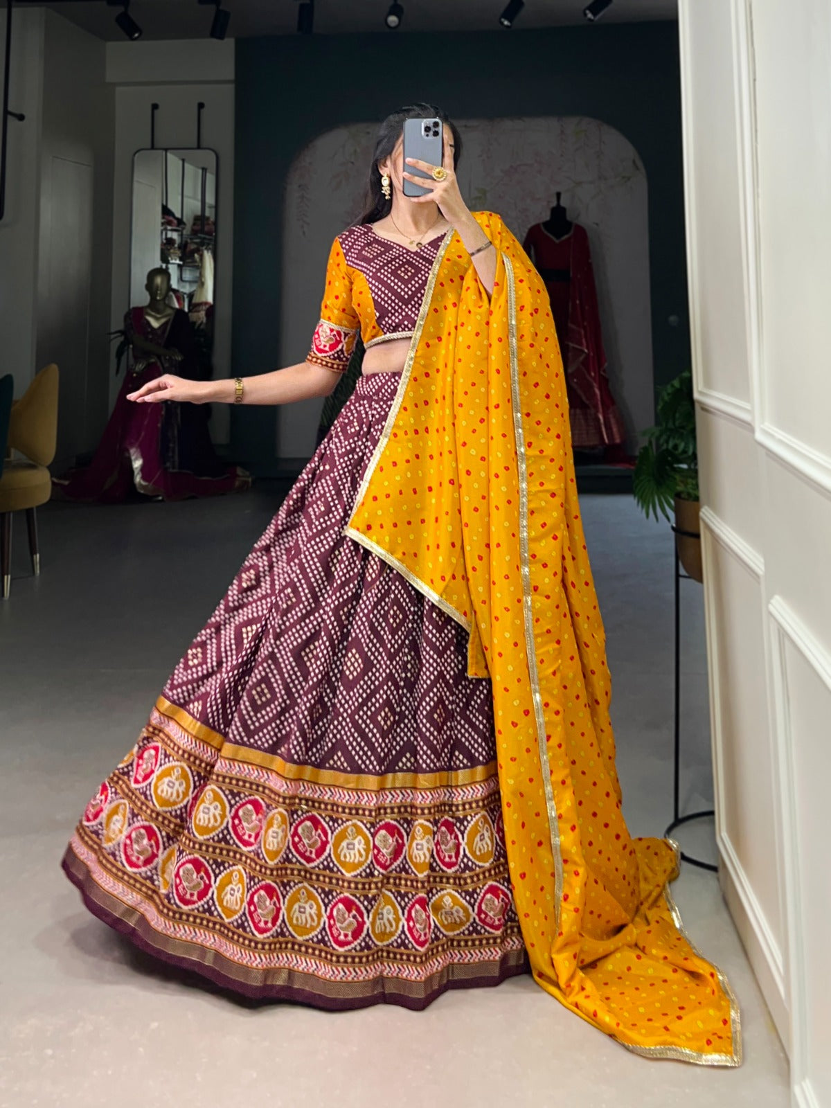 Delightful Tussar Silk Patola Printed Lehenga Choli Set - INDIAN ELEGANCE
