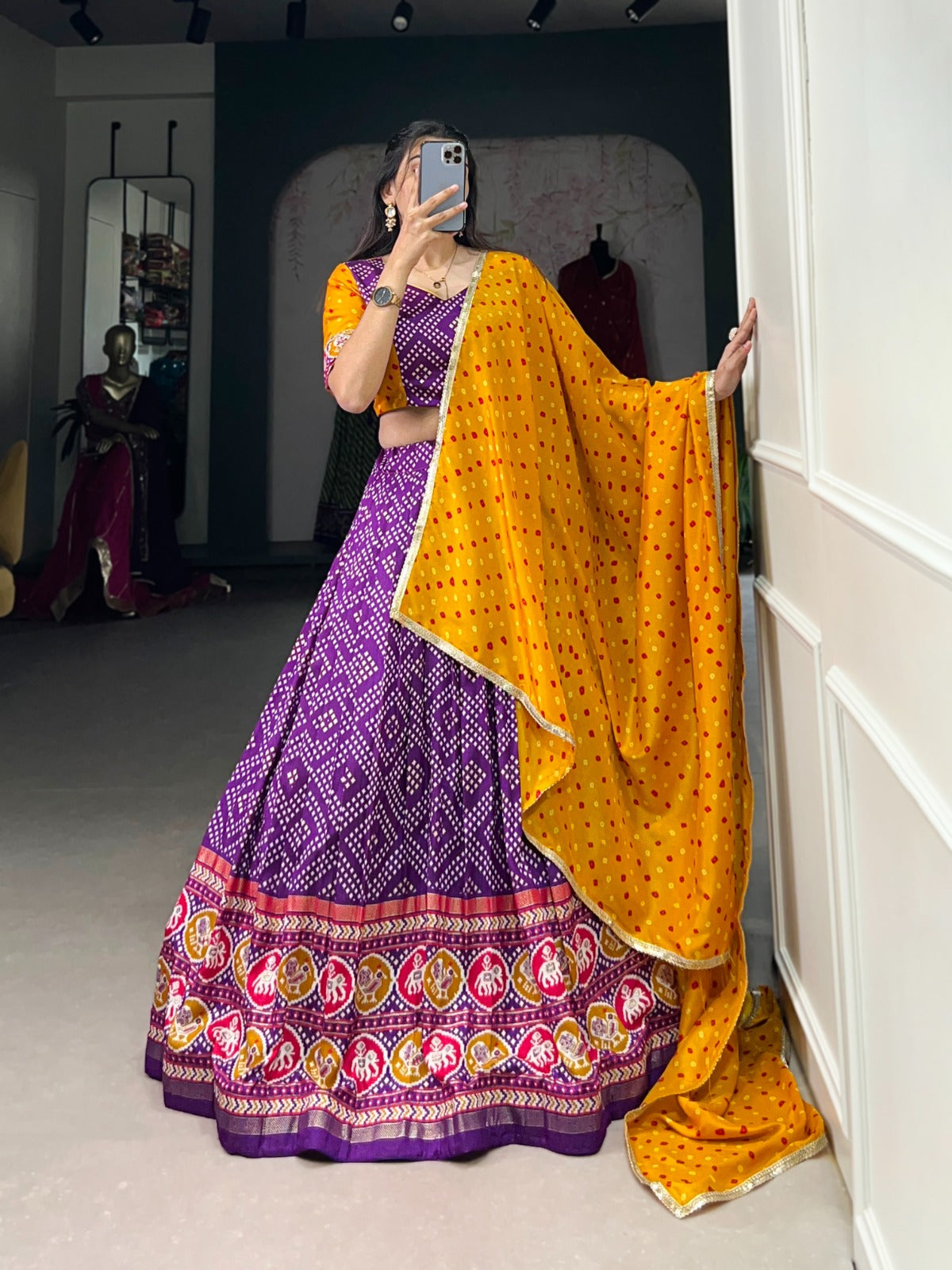 Delightful Tussar Silk Patola Printed Lehenga Choli Set - INDIAN ELEGANCE