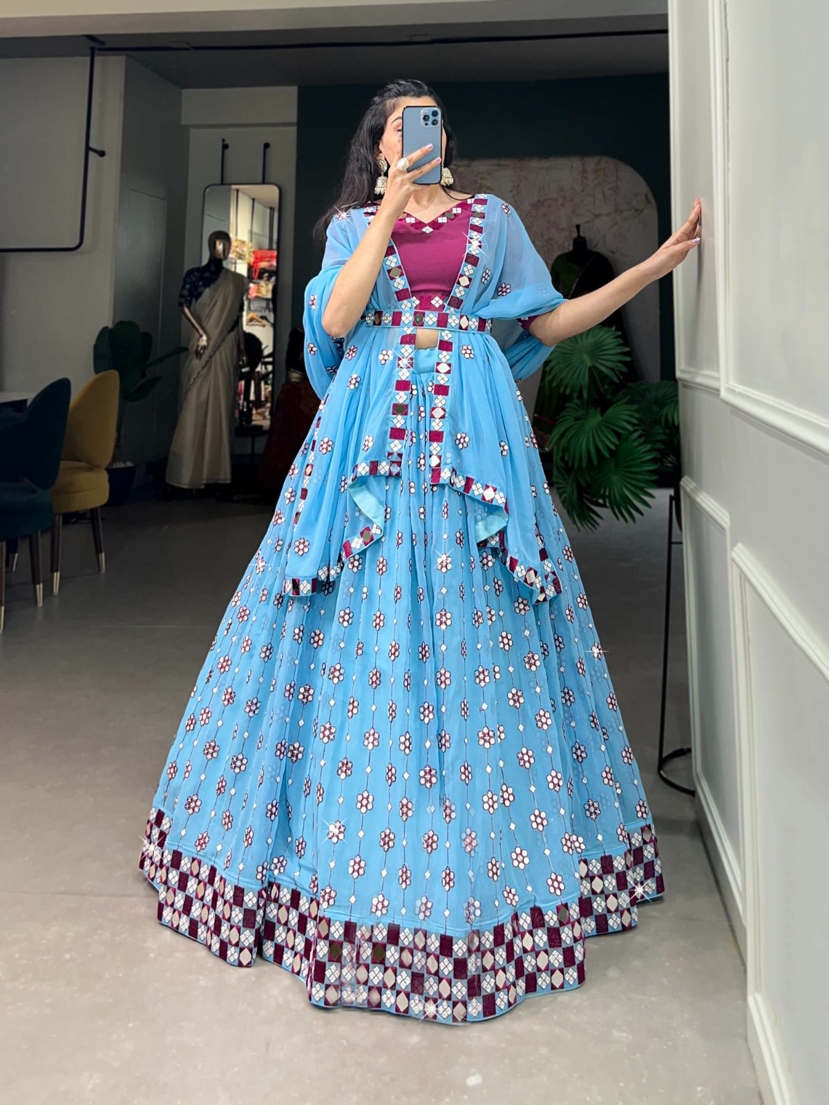 Lovely Sky Blue Georgette Sequins Embroidered Mirror Worked Lehenga Choli - INDIAN ELEGANCE