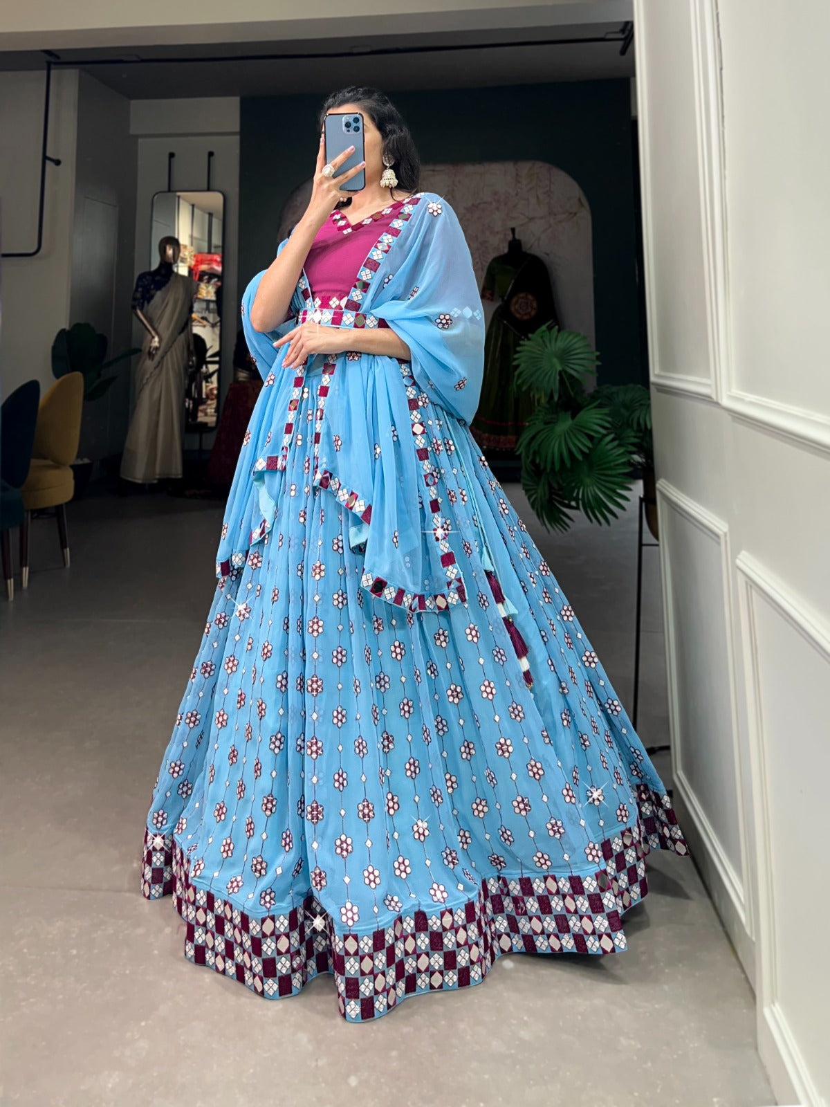 Lovely Sky Blue Georgette Sequins Embroidered Mirror Worked Lehenga Choli - INDIAN ELEGANCE