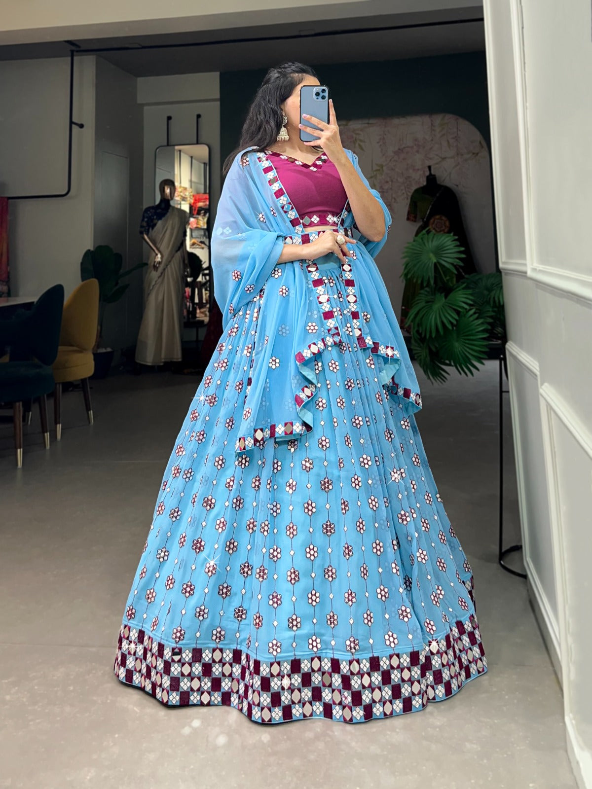 Lovely Sky Blue Georgette Sequins Embroidered Mirror Worked Lehenga Choli - INDIAN ELEGANCE