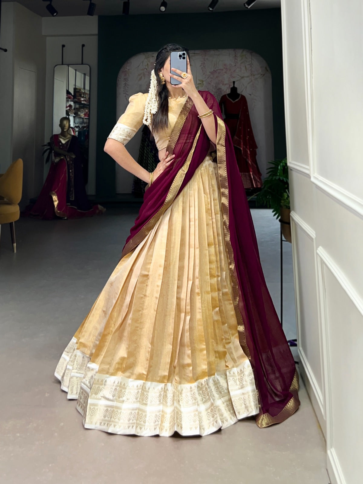 Stunning Kanchipuram Silk Zari Weaving Worked Lehenga Choli - INDIAN ELEGANCE