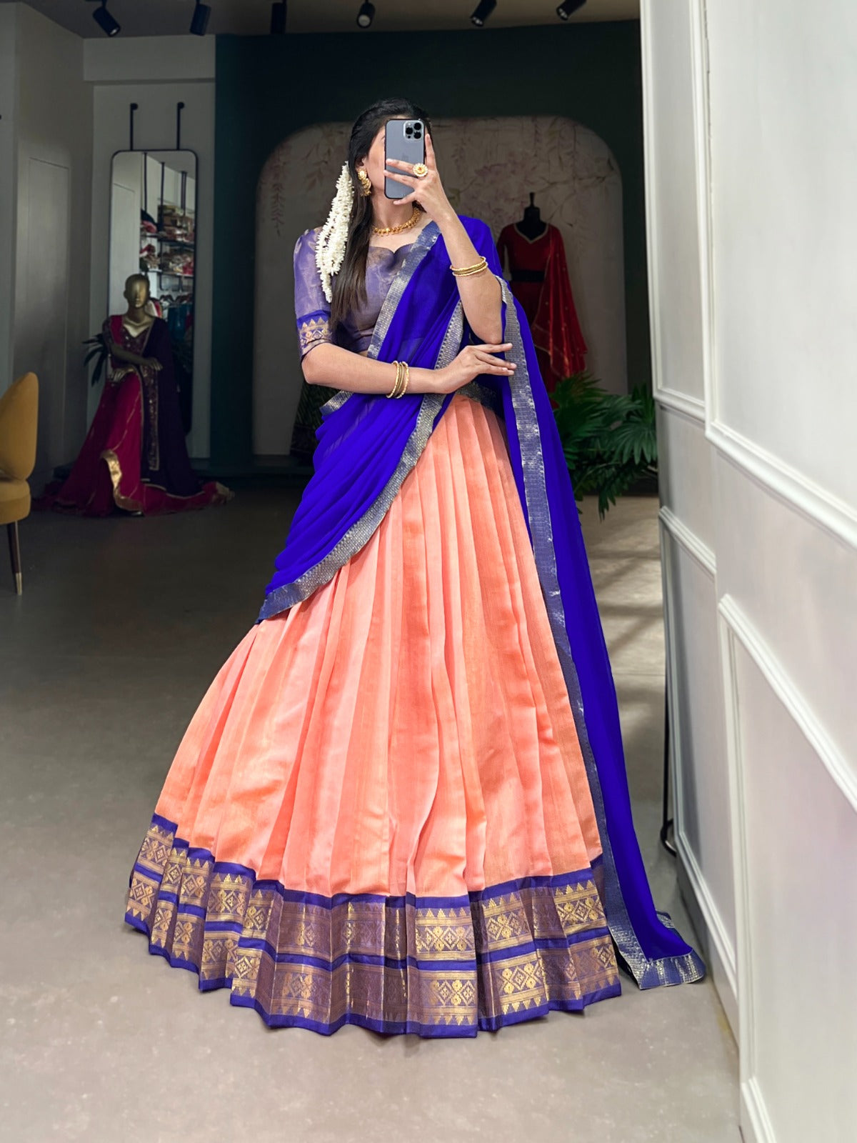 Stunning Kanchipuram Silk Zari Weaving Worked Lehenga Choli - INDIAN ELEGANCE