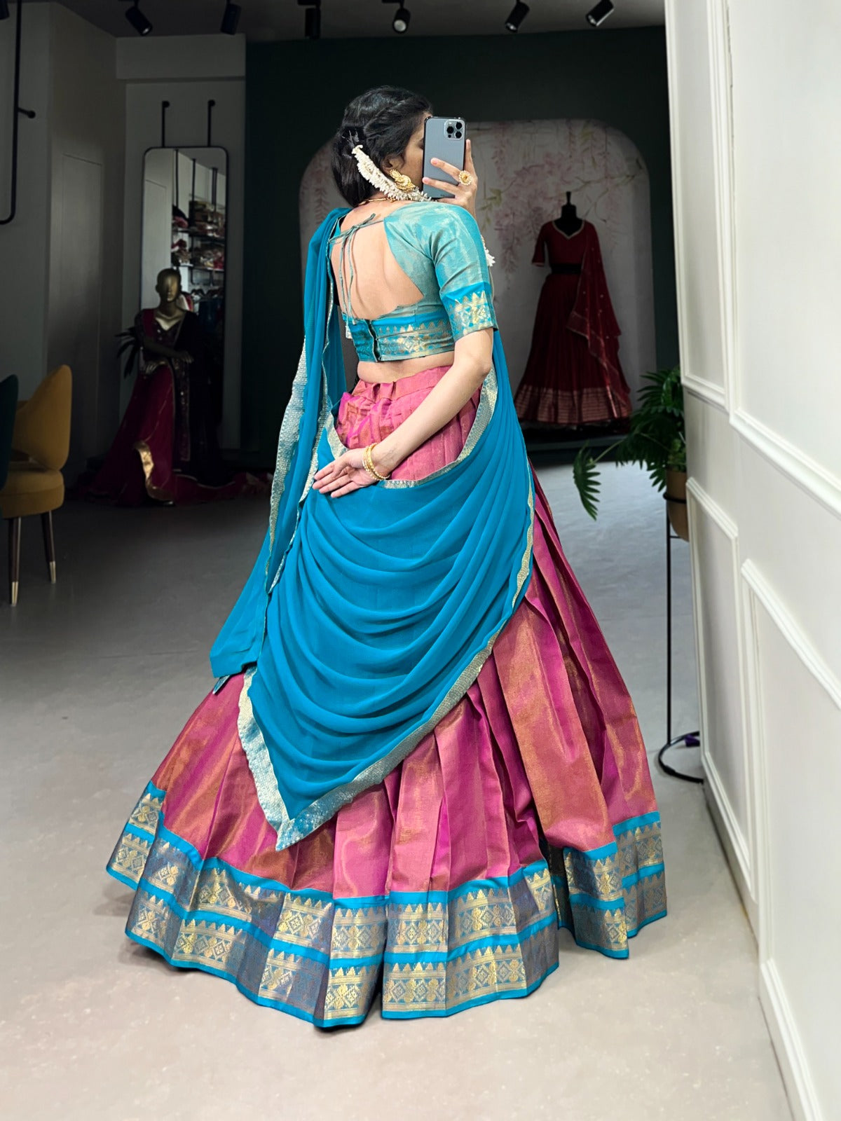 Stunning Kanchipuram Silk Zari Weaving Worked Lehenga Choli - INDIAN ELEGANCE