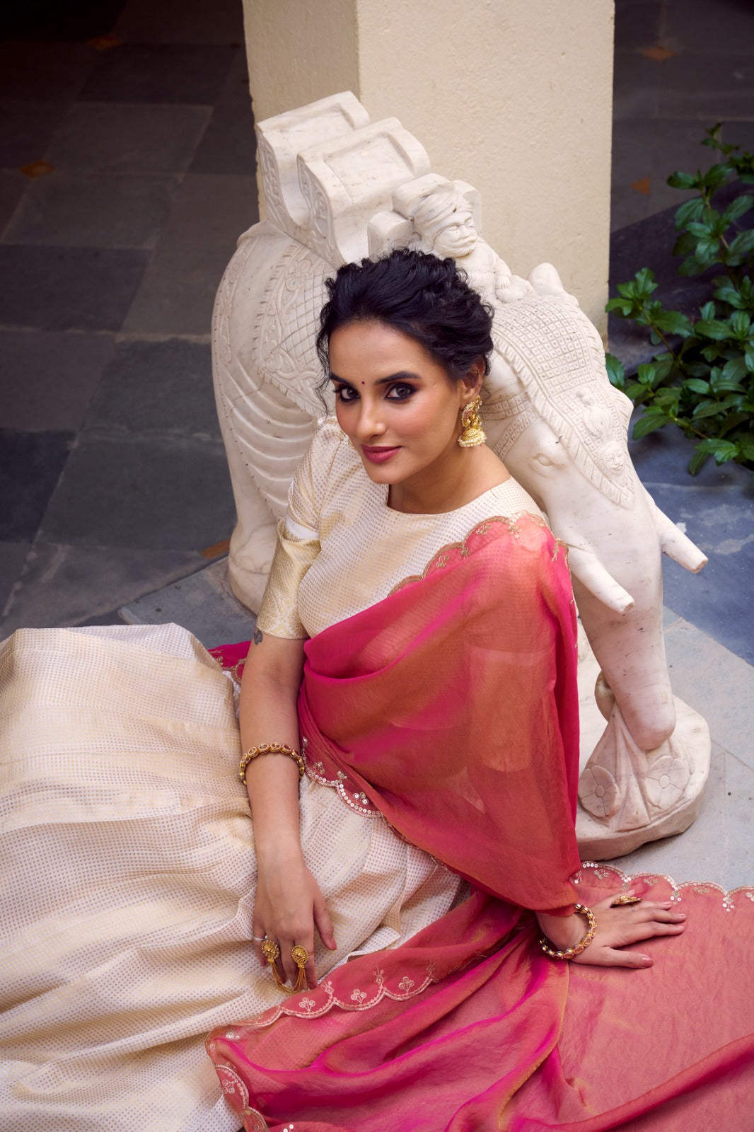 Off White Jacquard Chex Zari Weaving Worked Lehenga Choli