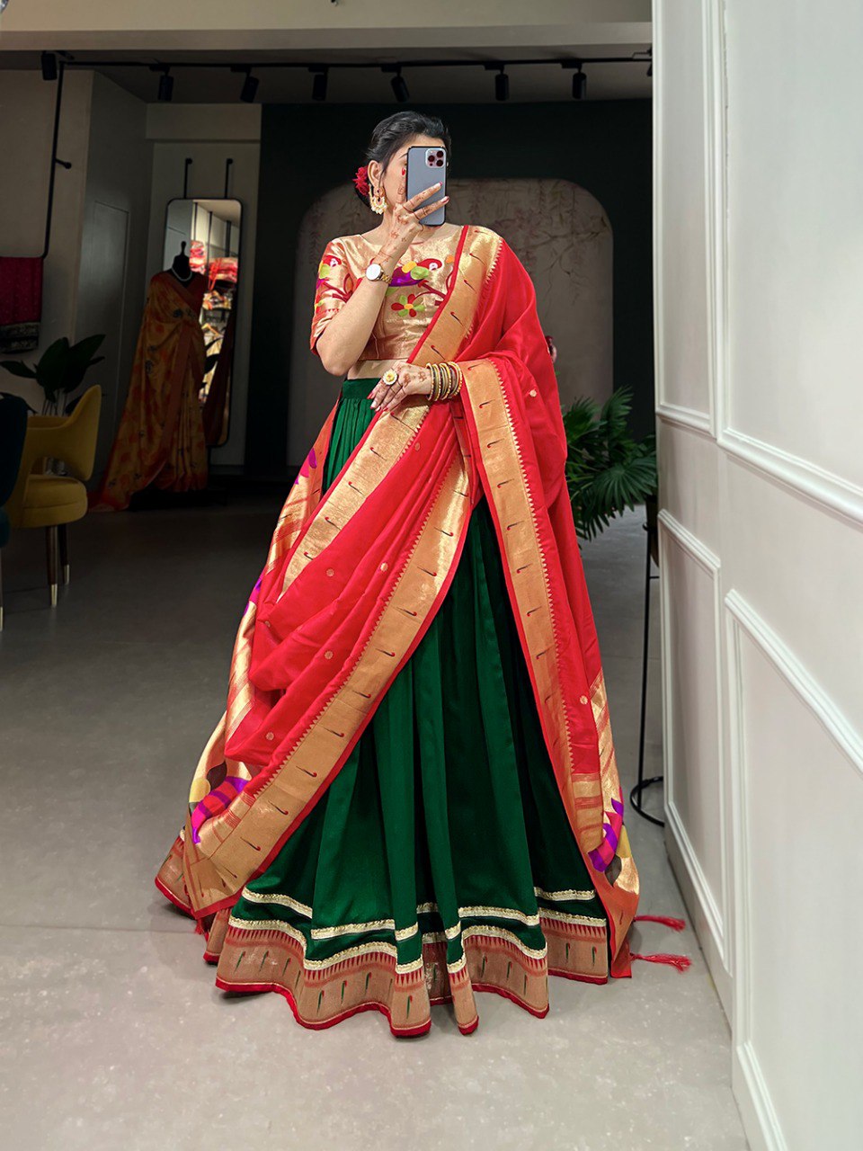Appealing Vichitra Silk Paithani Lace Border Worked Lehenga Choli - INDIAN ELEGANCE
