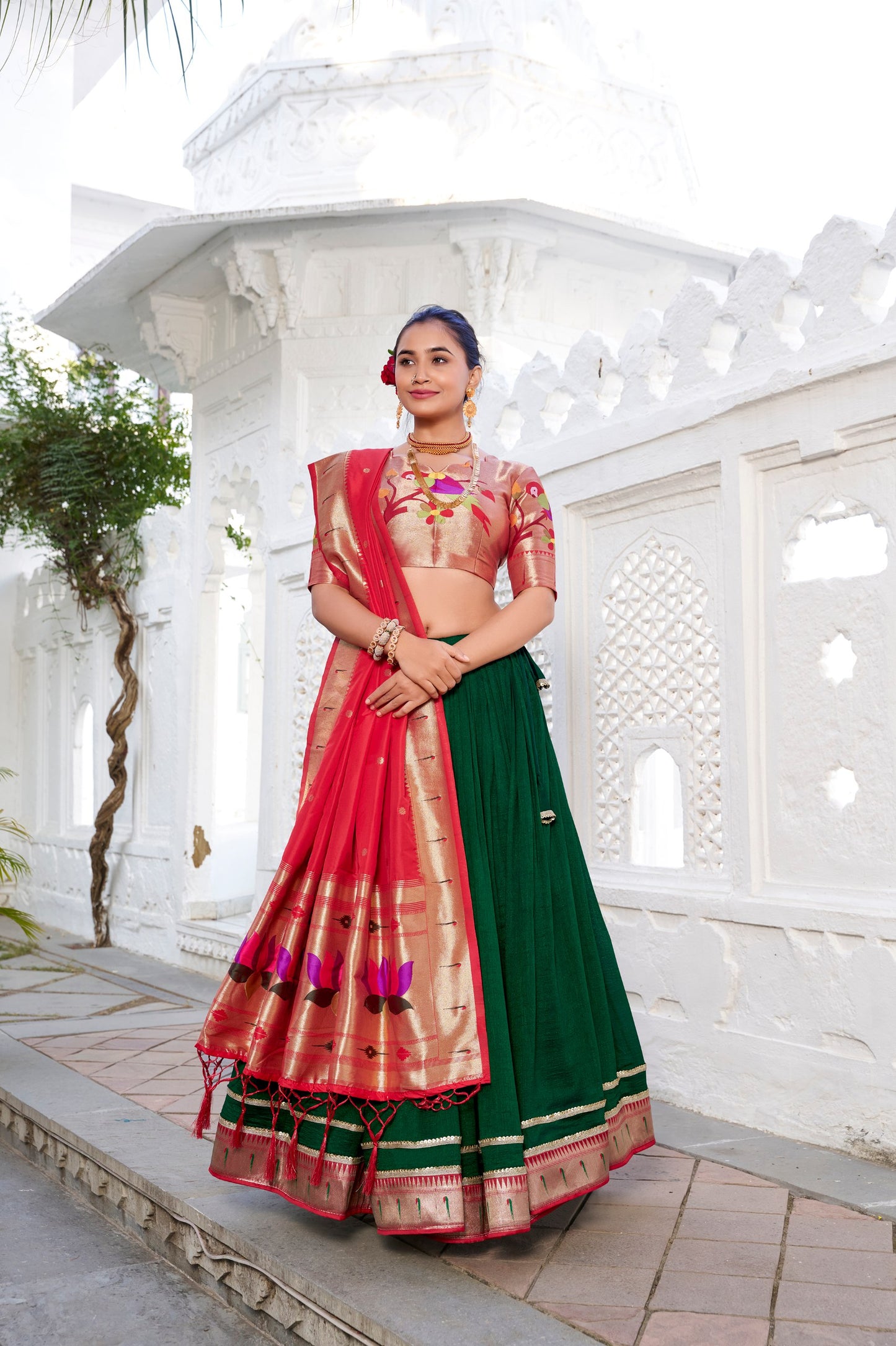 Appealing Vichitra Silk Paithani Lace Border Worked Lehenga Choli - INDIAN ELEGANCE