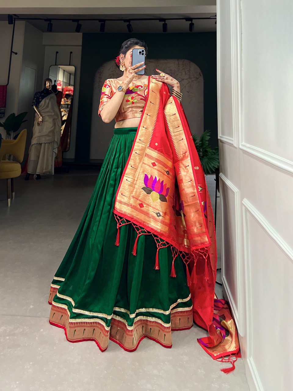 Appealing Vichitra Silk Paithani Lace Border Worked Lehenga Choli - INDIAN ELEGANCE