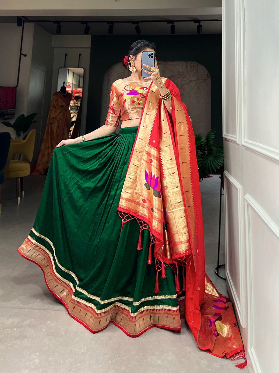 Appealing Vichitra Silk Paithani Lace Border Worked Lehenga Choli - INDIAN ELEGANCE