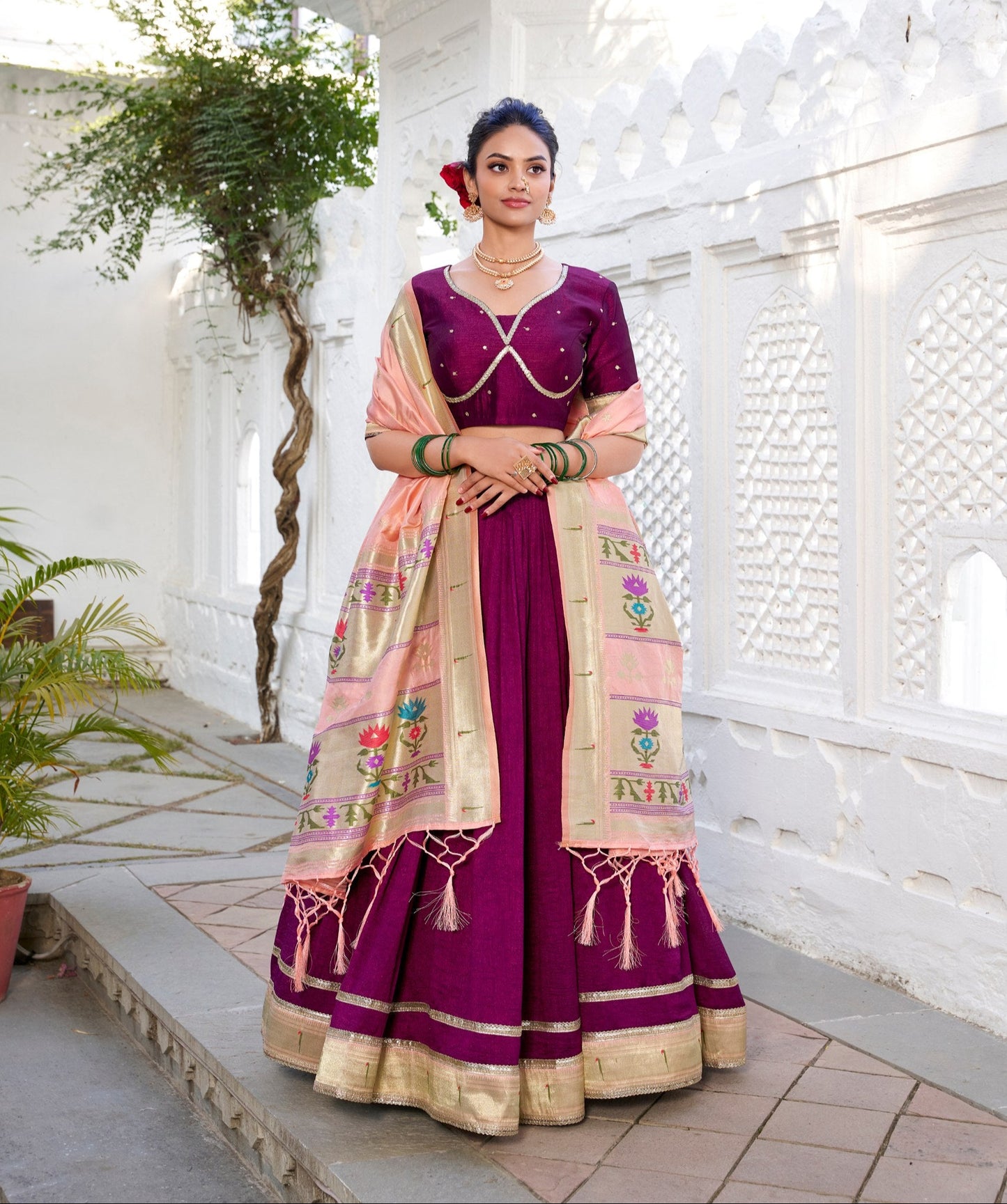 Exquisite Wine Vichitra Silk Paithani Lace Border Worked Lehenga Choli - INDIAN ELEGANCE