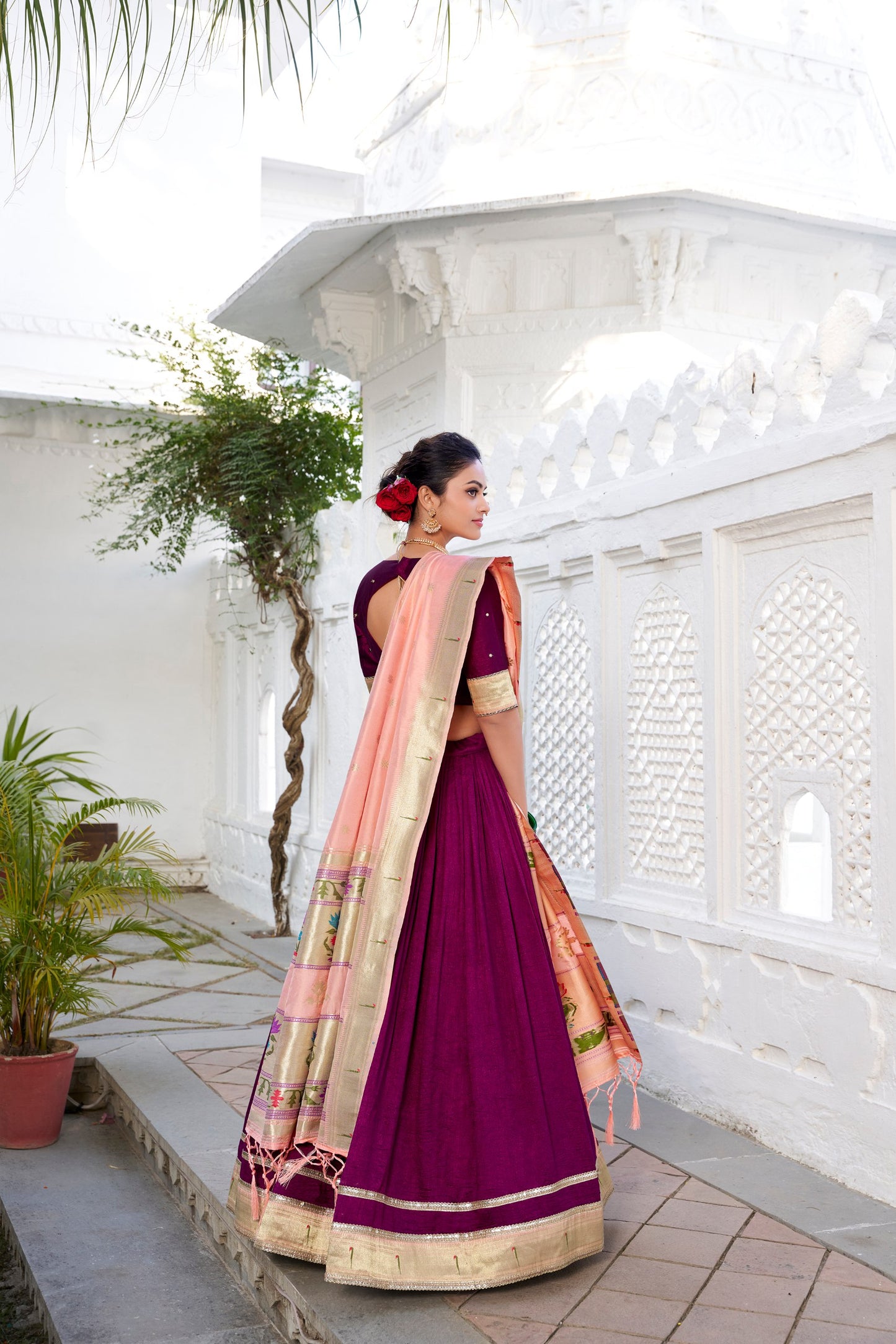 Exquisite Wine Vichitra Silk Paithani Lace Border Worked Lehenga Choli - INDIAN ELEGANCE