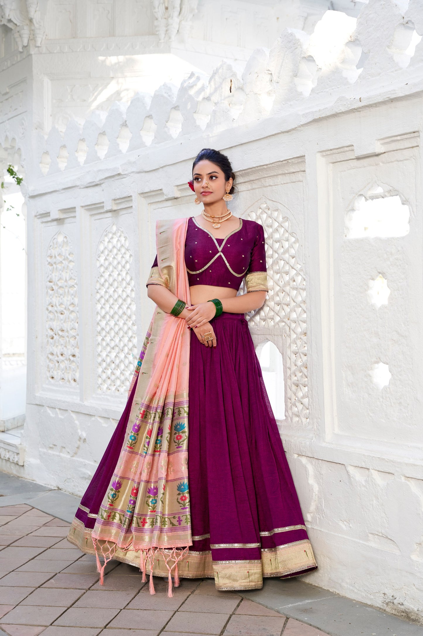 Exquisite Wine Vichitra Silk Paithani Lace Border Worked Lehenga Choli - INDIAN ELEGANCE