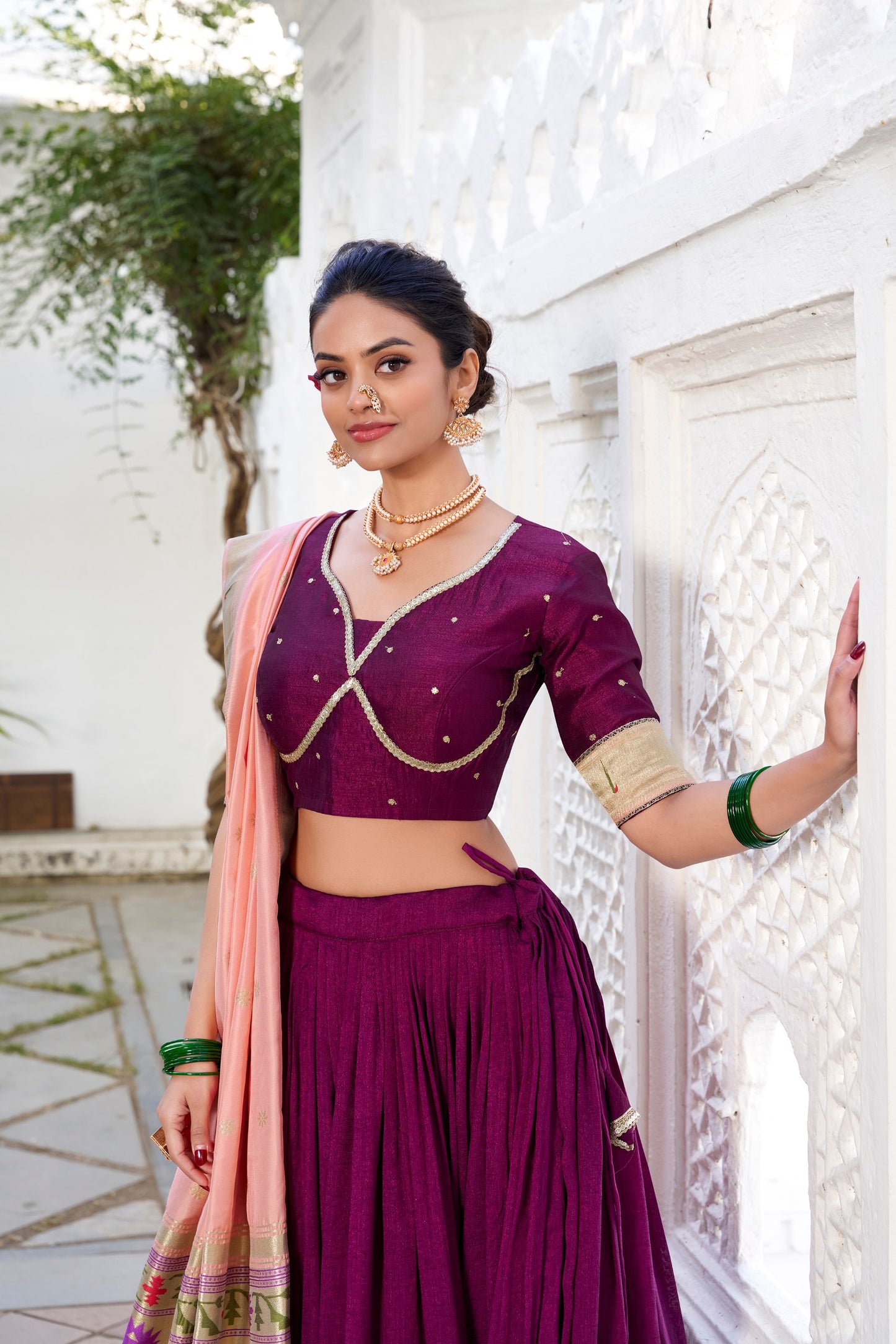 Exquisite Wine Vichitra Silk Paithani Lace Border Worked Lehenga Choli - INDIAN ELEGANCE