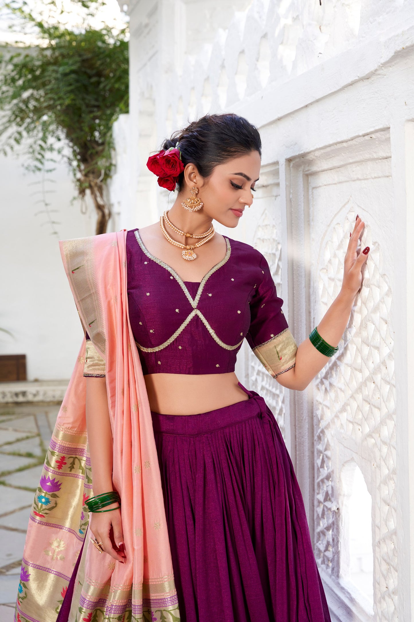 Exquisite Wine Vichitra Silk Paithani Lace Border Worked Lehenga Choli - INDIAN ELEGANCE