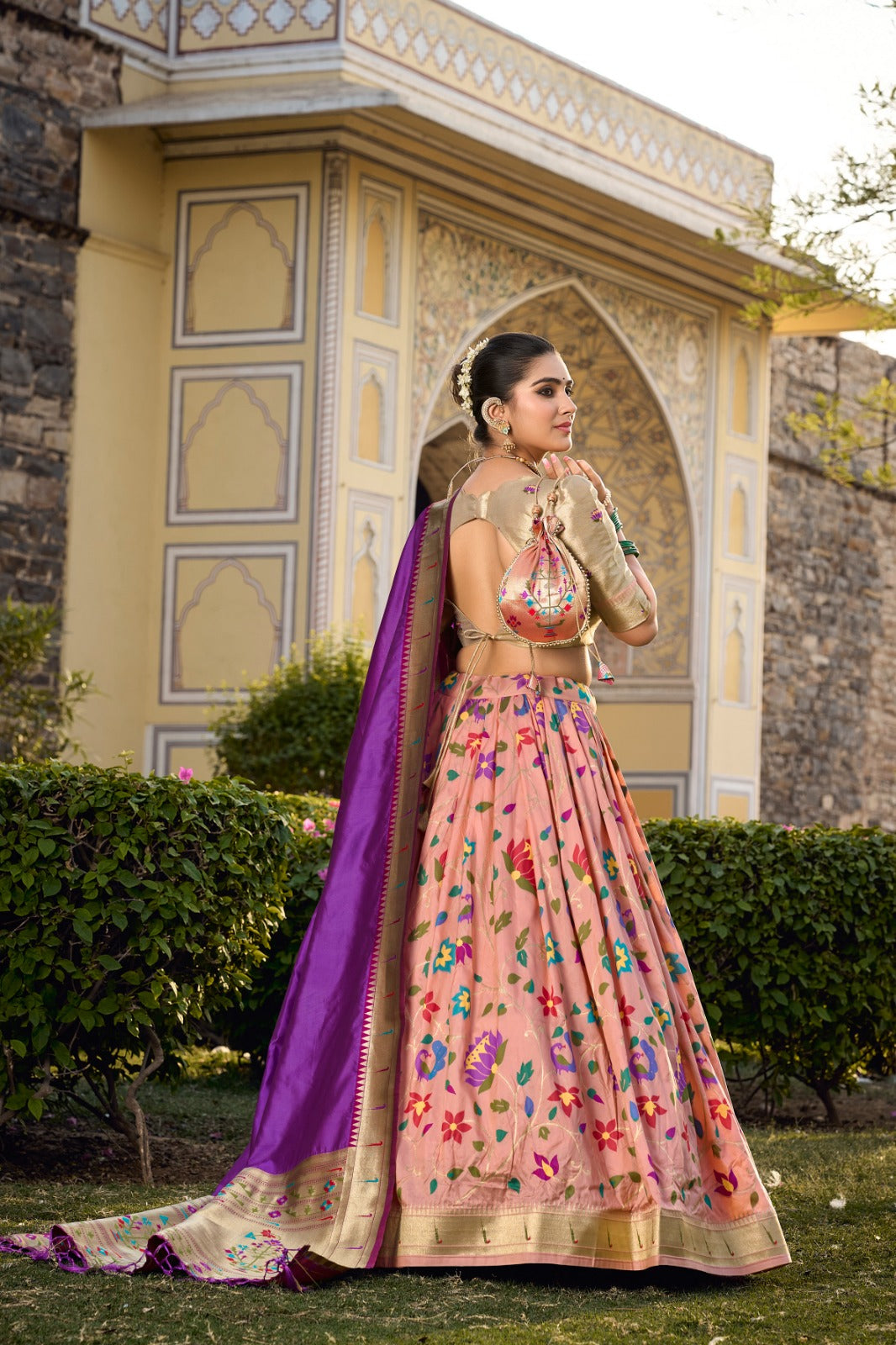 Enamoring Peach Jacquard Silk Weaving Zari Worked Lehenga Choli - INDIAN ELEGANCE