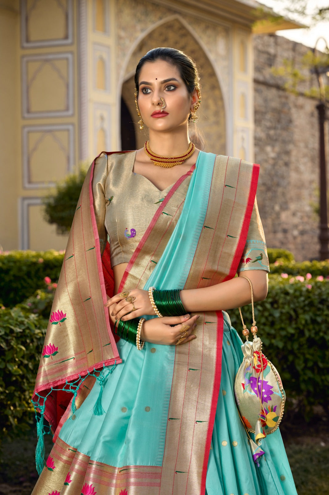 Winsome Sky Blue Jacquard Silk Weaving Zari Worked Lehenga Choli - INDIAN ELEGANCE