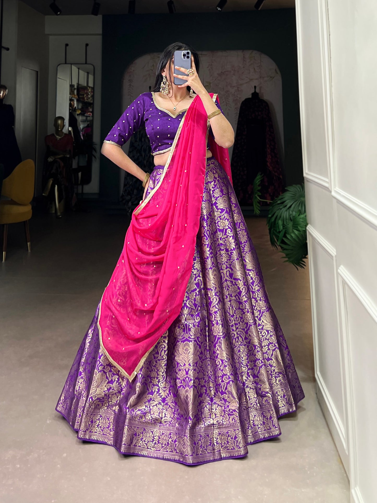 Breathtaking Purple Jacquard Silk Zari Weaving Worked Lehenga Choli - INDIAN ELEGANCE