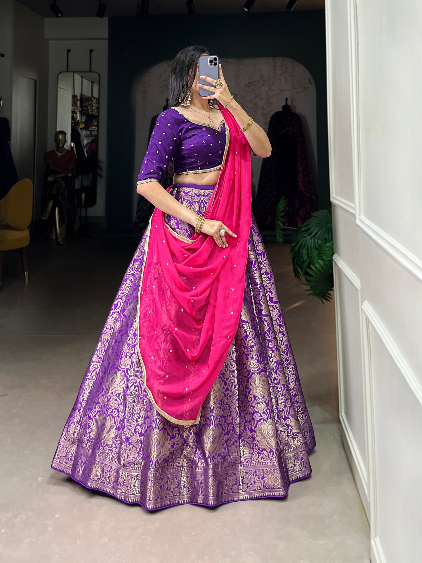 Breathtaking Purple Jacquard Silk Zari Weaving Worked Lehenga Choli - INDIAN ELEGANCE