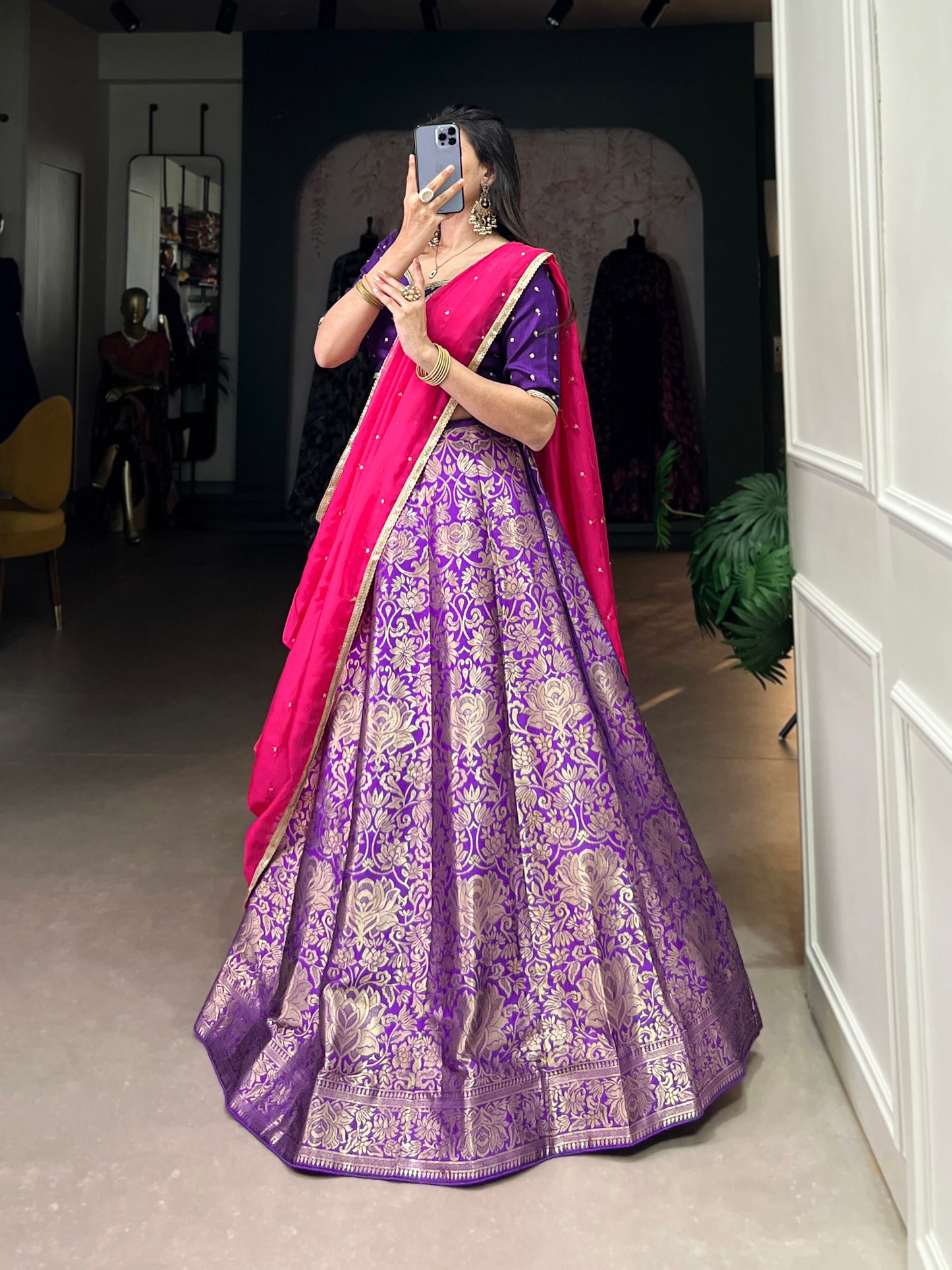 Breathtaking Purple Jacquard Silk Zari Weaving Worked Lehenga Choli - INDIAN ELEGANCE