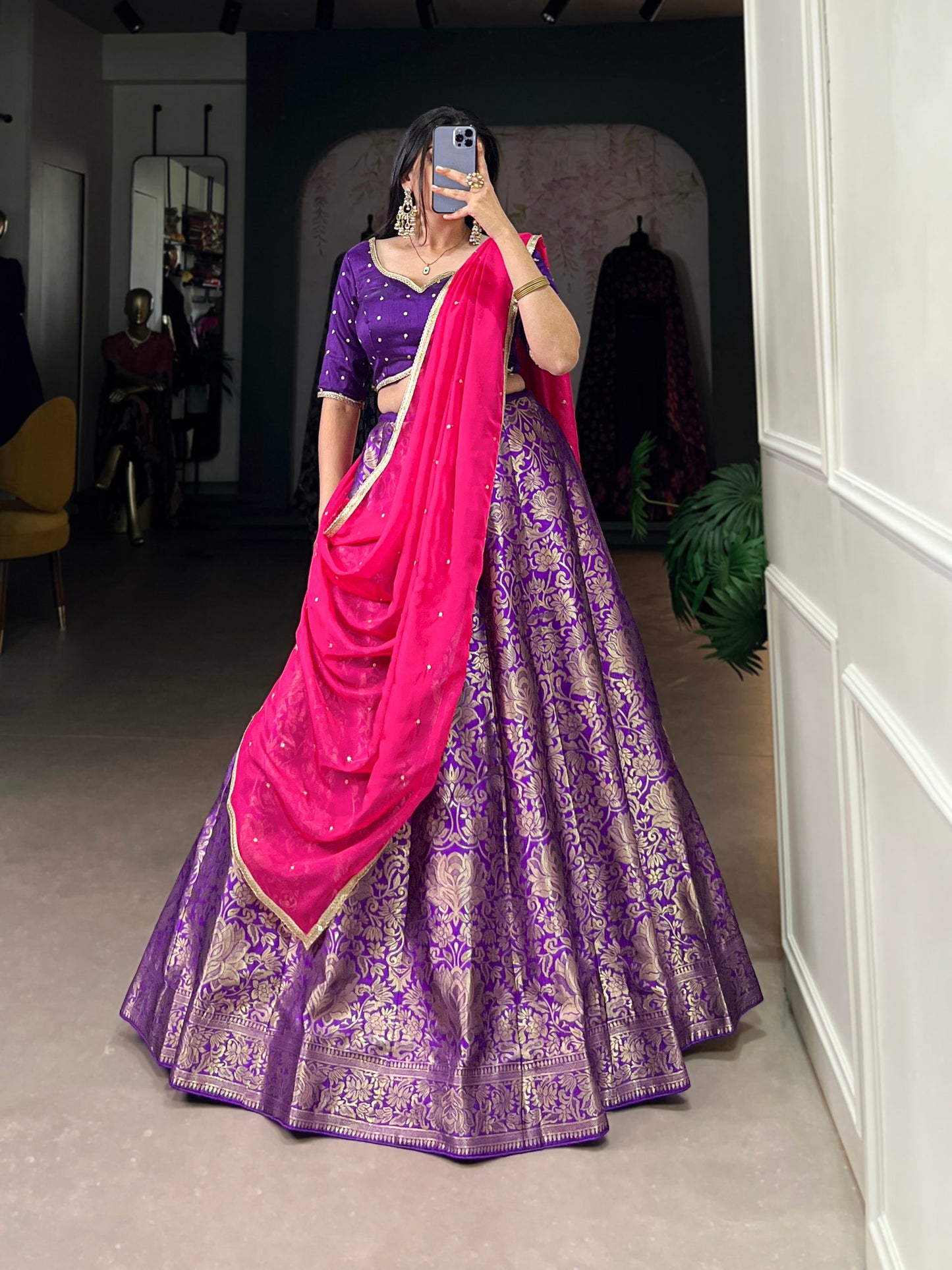 Breathtaking Purple Jacquard Silk Zari Weaving Worked Lehenga Choli - INDIAN ELEGANCE