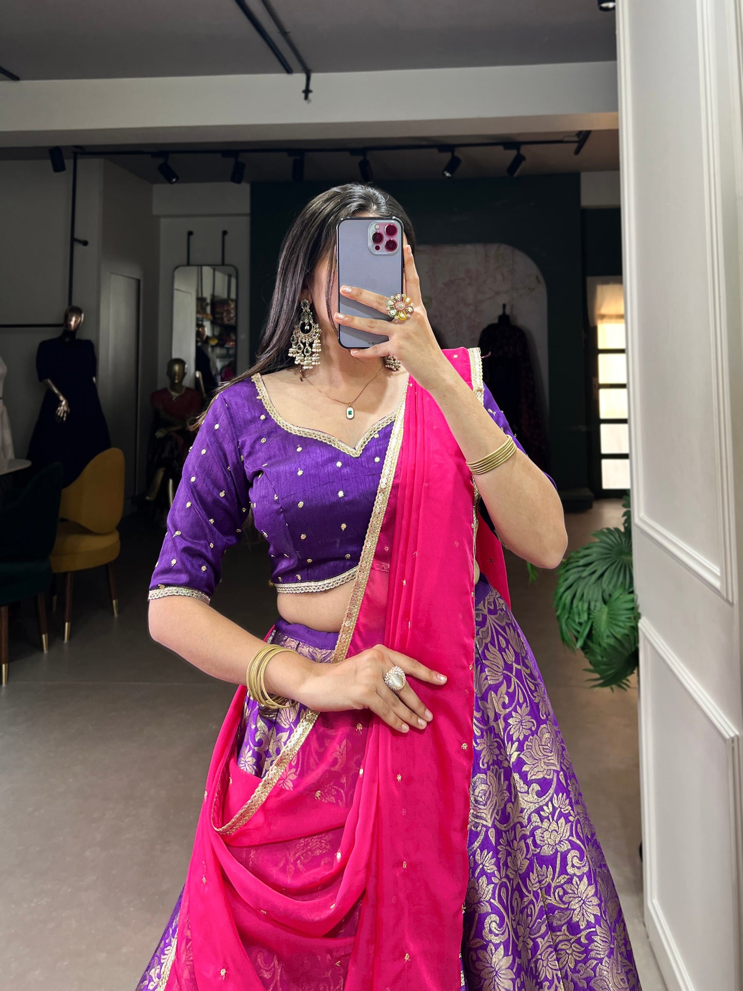 Breathtaking Purple Jacquard Silk Zari Weaving Worked Lehenga Choli - INDIAN ELEGANCE
