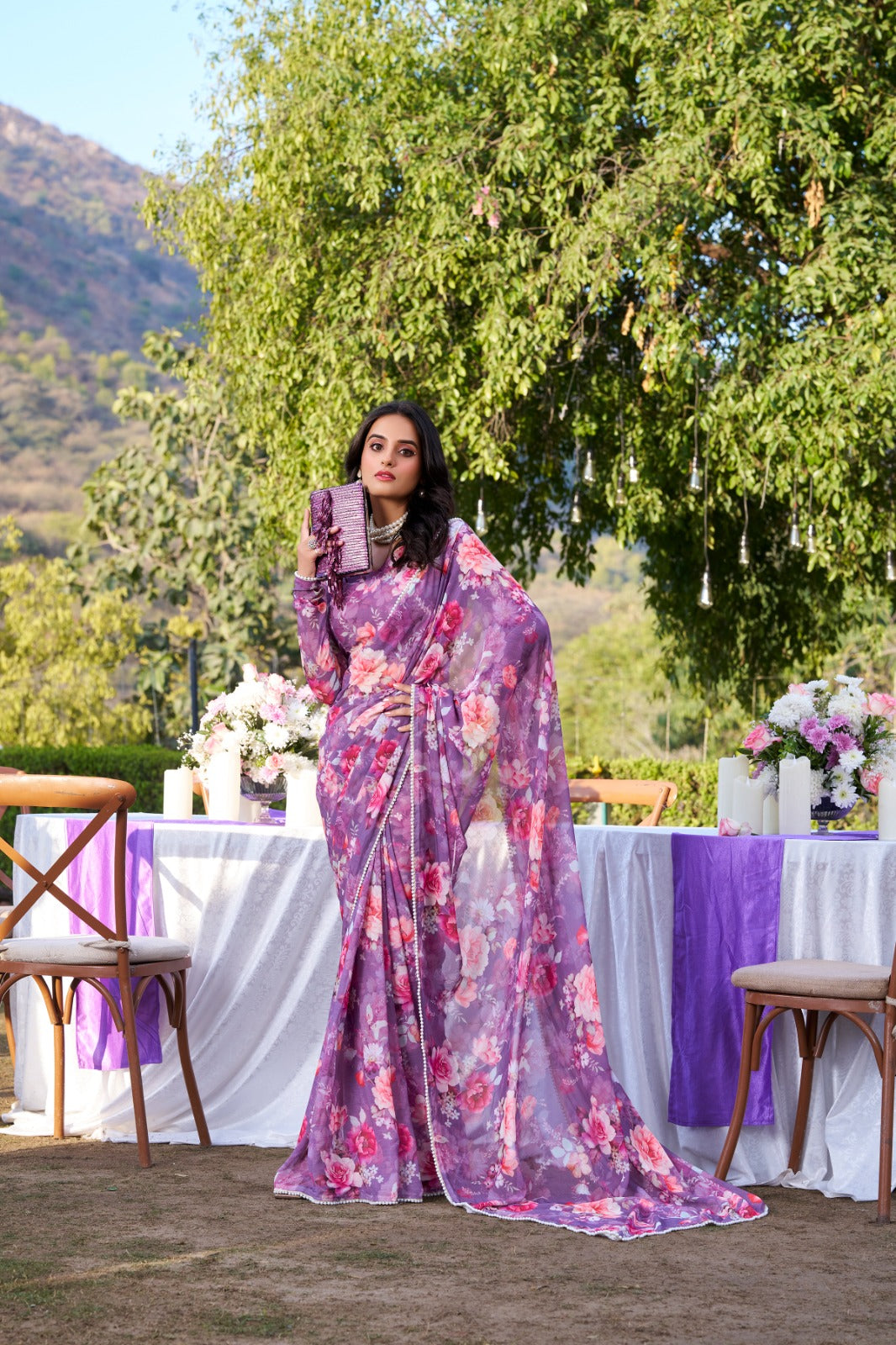 Radiant Georgette Floral Digital Printed Pearl Lace Worked Saree