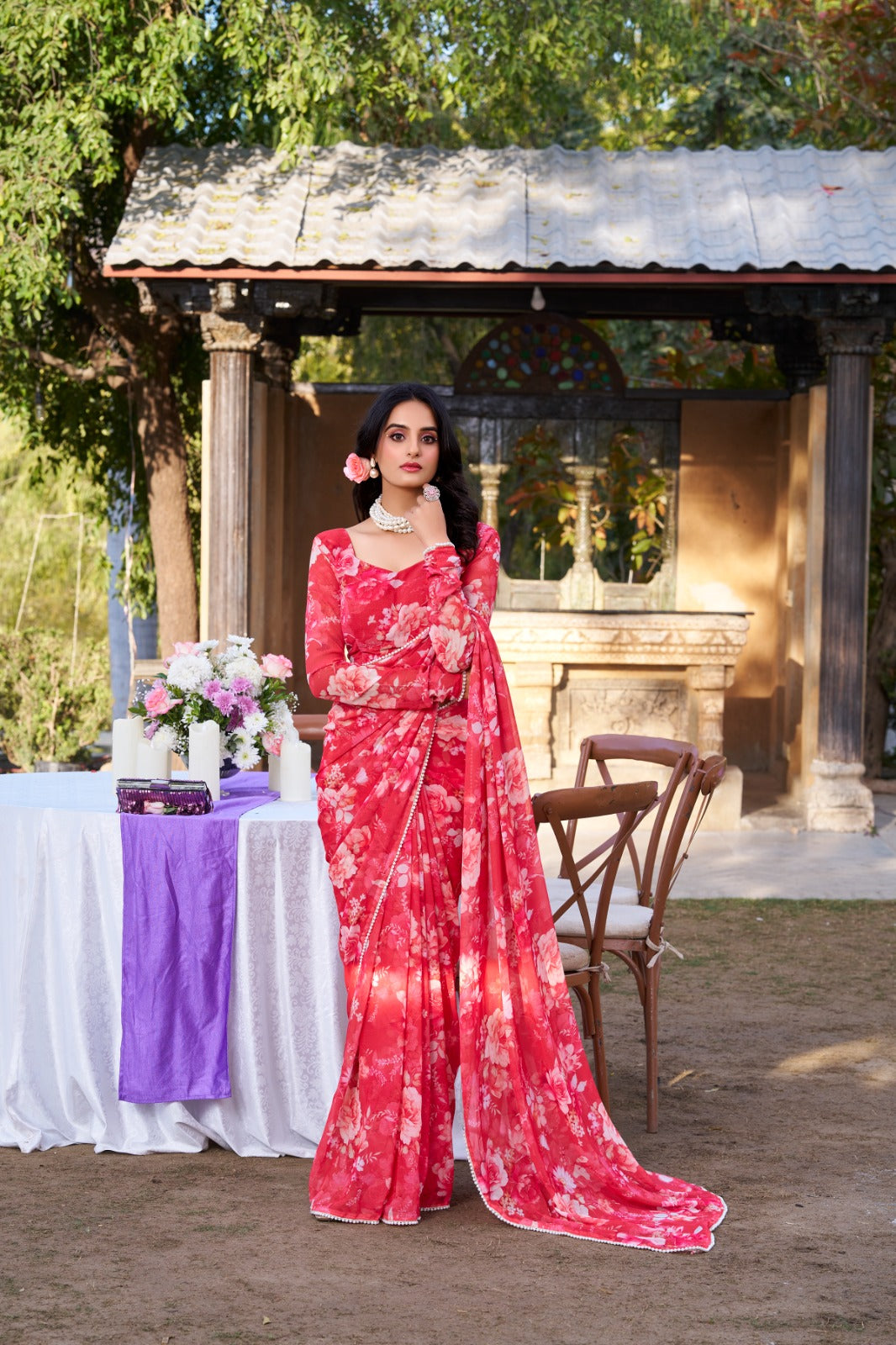 Radiant Georgette Floral Digital Printed Pearl Lace Worked Saree