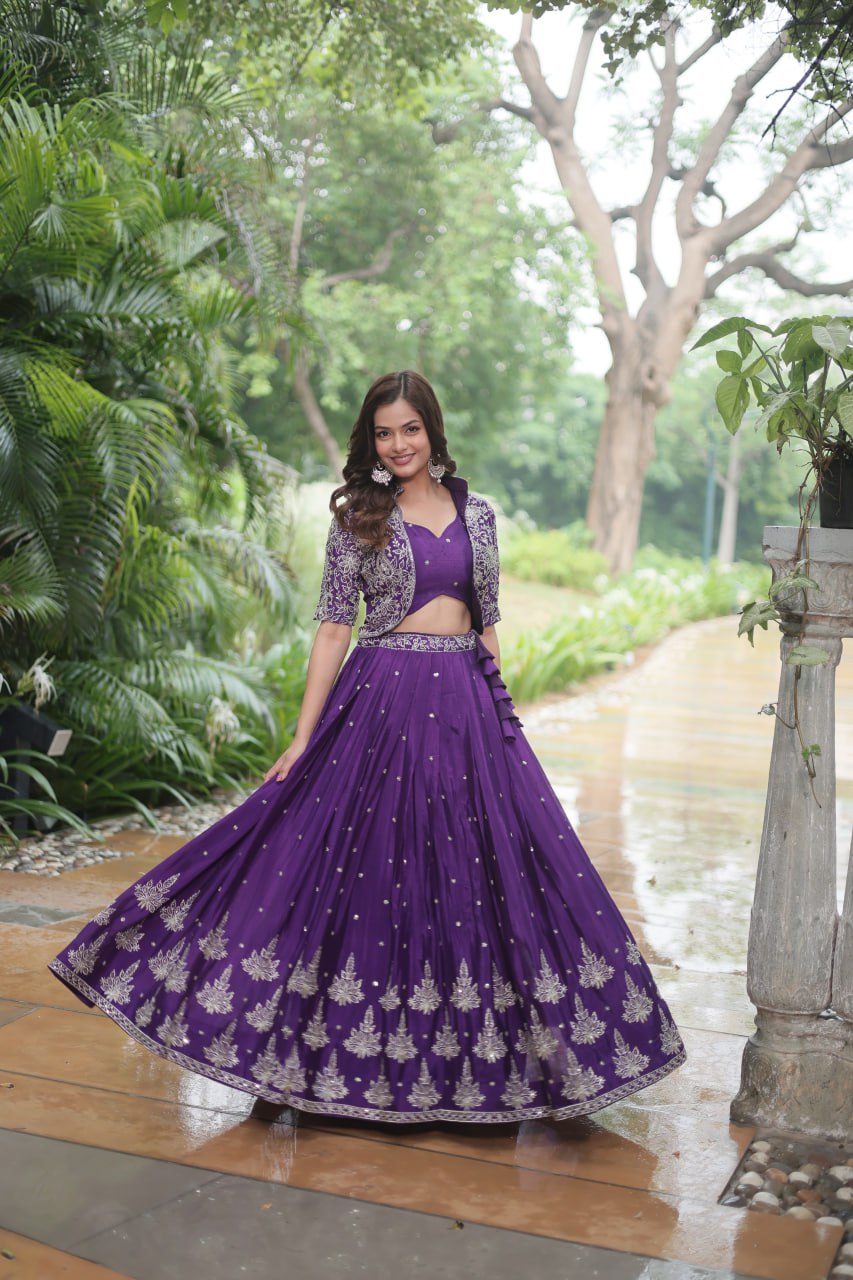 Ravishing Purple Pure Chinon Sequins Embroidered Top Koti Lehenga Set - INDIAN ELEGANCE