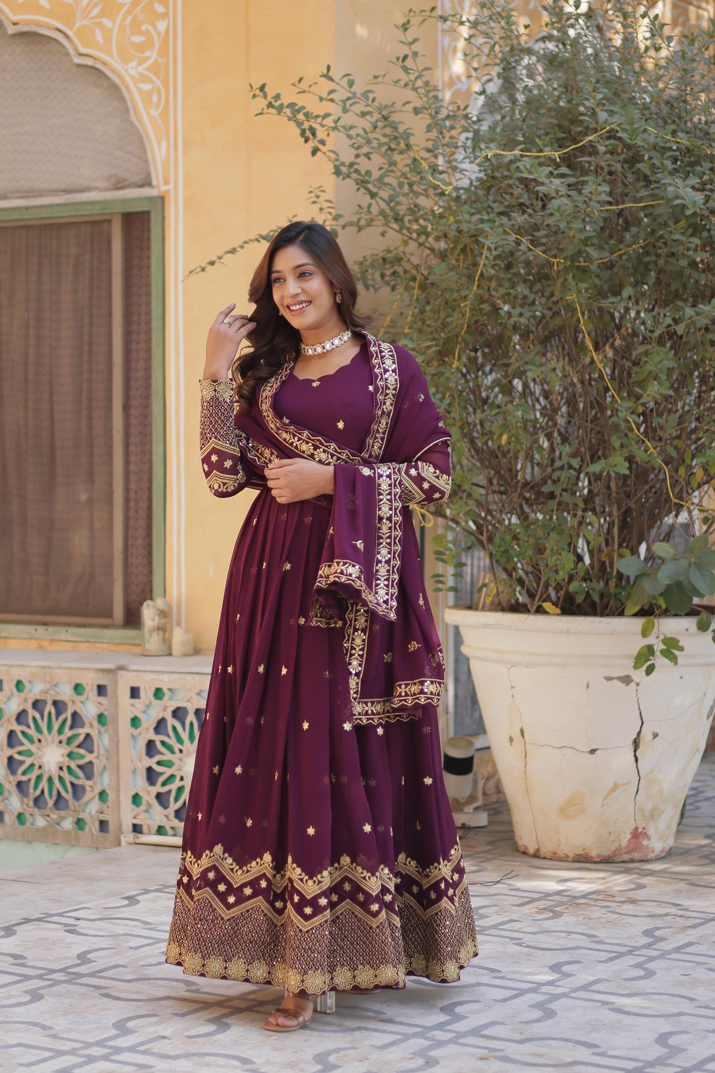 Breathtaking Faux Georgette Zari Sequins Embroidered Gown With Dupatta - INDIAN ELEGANCE