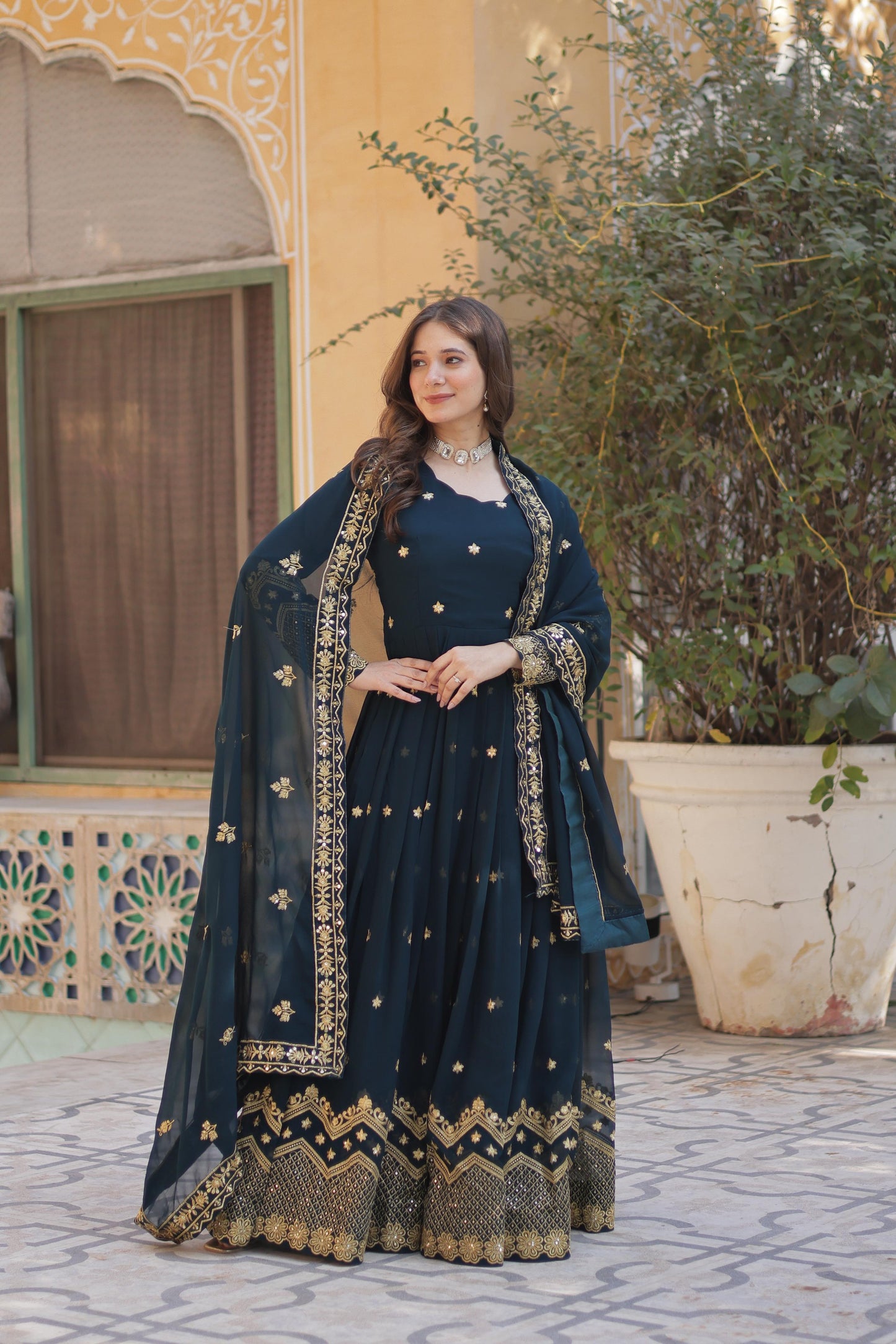 Breathtaking Faux Georgette Zari Sequins Embroidered Gown With Dupatta - INDIAN ELEGANCE