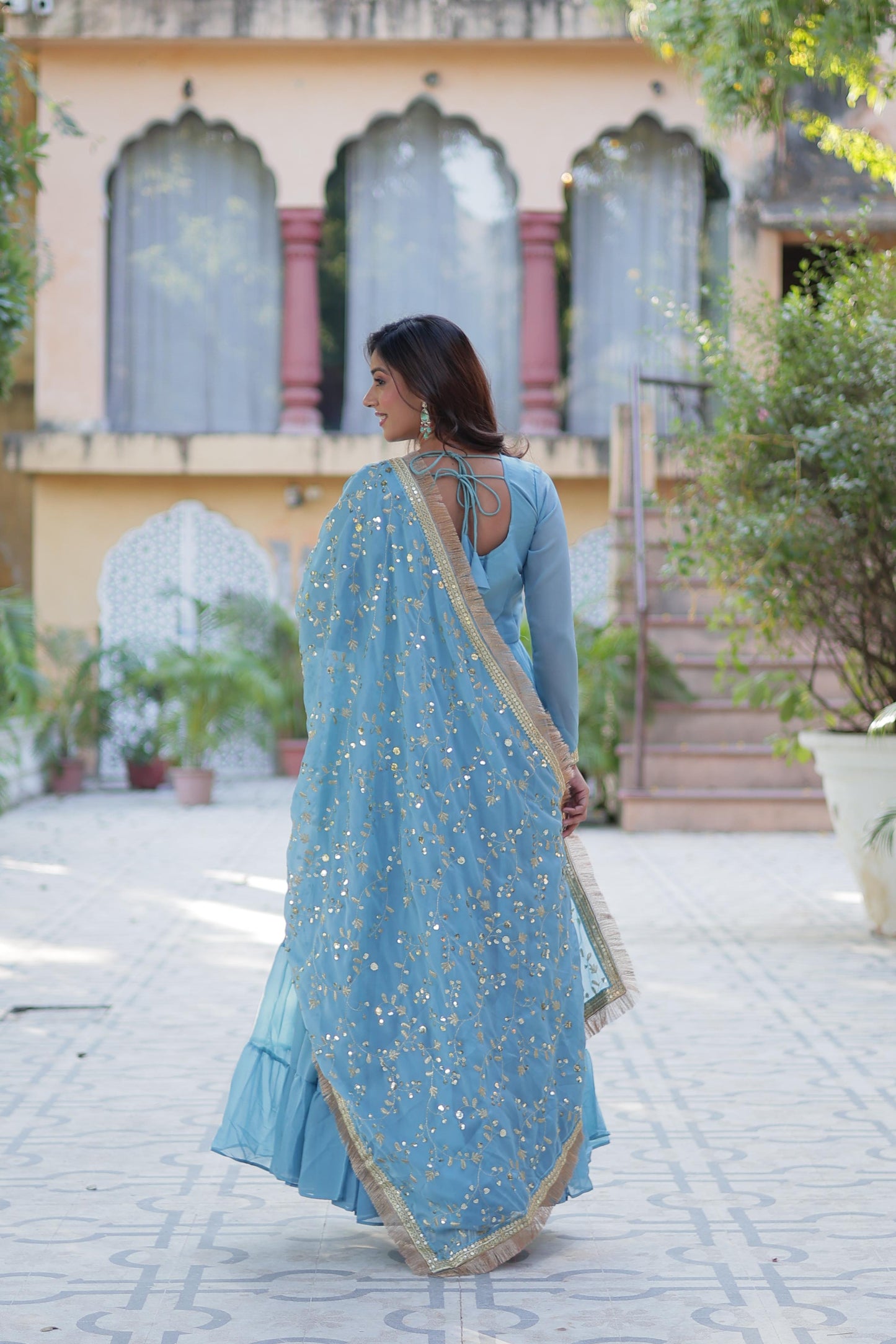Spellbinding Georgette Ruffle Sequins Embroidered Gown With Dupatta - INDIAN ELEGANCE
