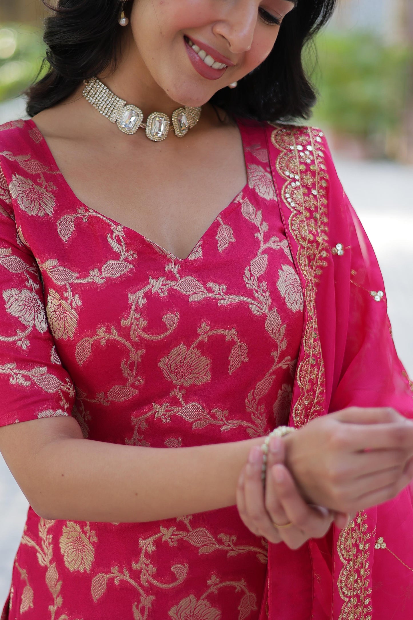 Stunning Viscous Georgette Jacquard Designer Top Sharara Suit - INDIAN ELEGANCE