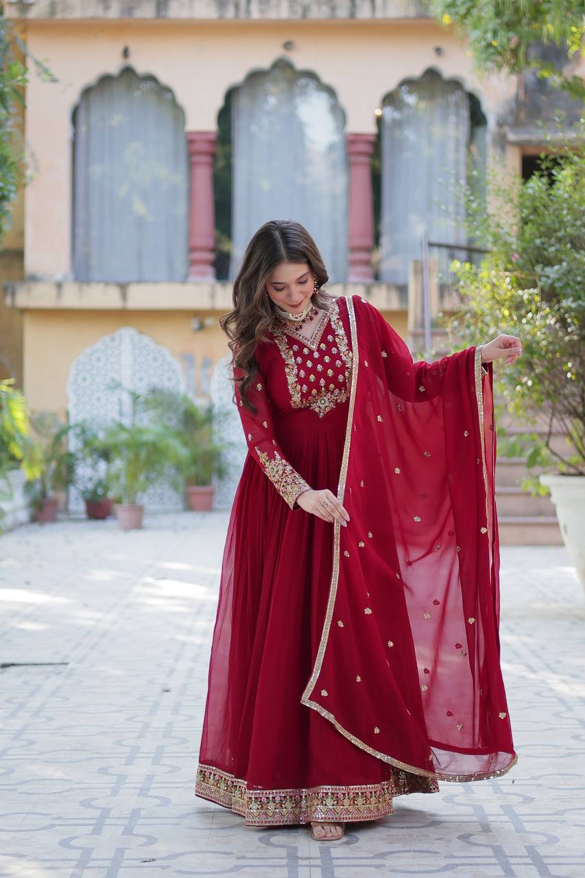 Ravishing Faux Georgette Rich Sequins Embroidered Gown With Dupatta - INDIAN ELEGANCE