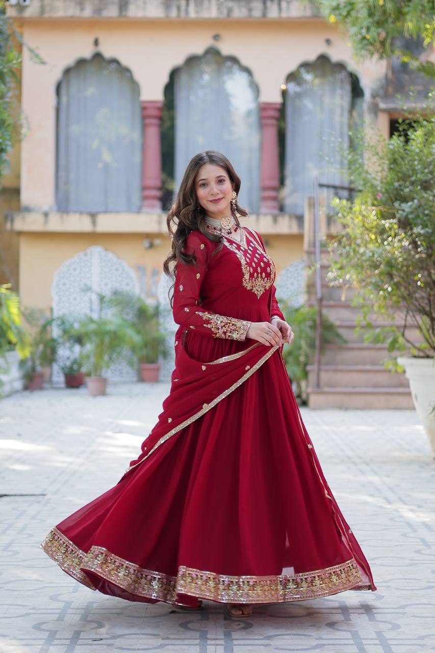 Ravishing Faux Georgette Rich Sequins Embroidered Gown With Dupatta - INDIAN ELEGANCE