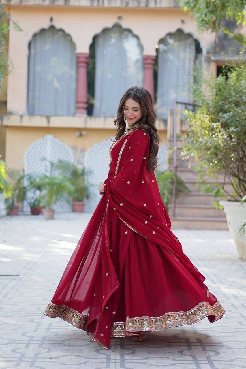 Ravishing Faux Georgette Rich Sequins Embroidered Gown With Dupatta - INDIAN ELEGANCE