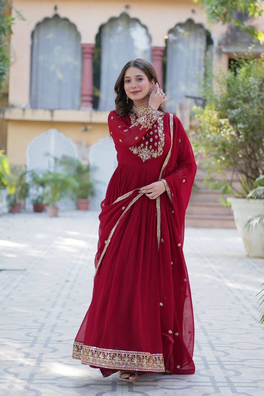 Ravishing Faux Georgette Rich Sequins Embroidered Gown With Dupatta - INDIAN ELEGANCE