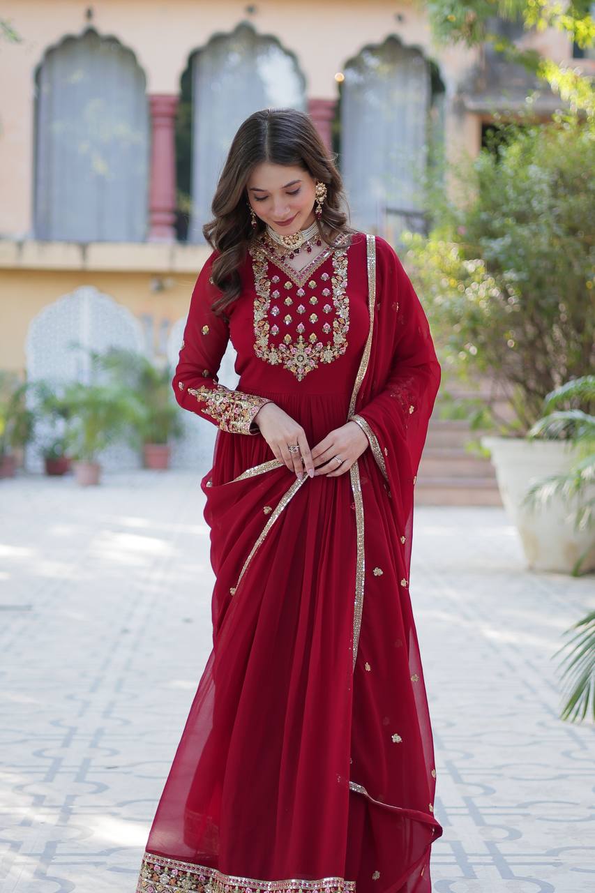 Ravishing Faux Georgette Rich Sequins Embroidered Gown With Dupatta - INDIAN ELEGANCE