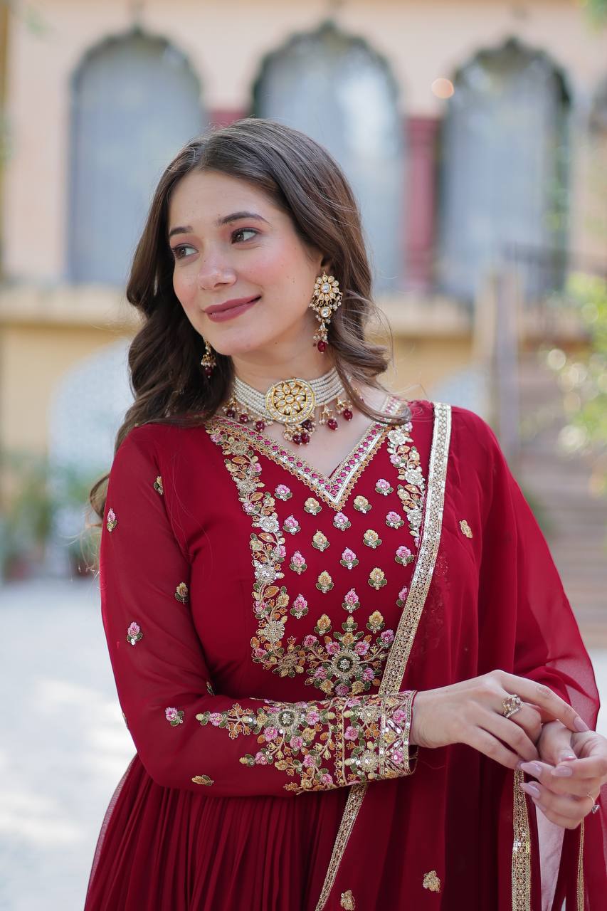 Ravishing Faux Georgette Rich Sequins Embroidered Gown With Dupatta - INDIAN ELEGANCE