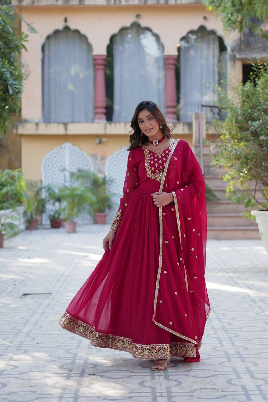 Ravishing Faux Georgette Rich Sequins Embroidered Gown With Dupatta - INDIAN ELEGANCE