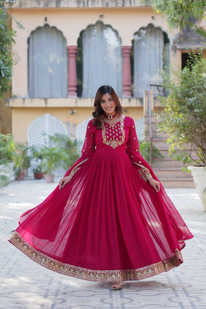 Ravishing Faux Georgette Rich Sequins Embroidered Gown With Dupatta - INDIAN ELEGANCE