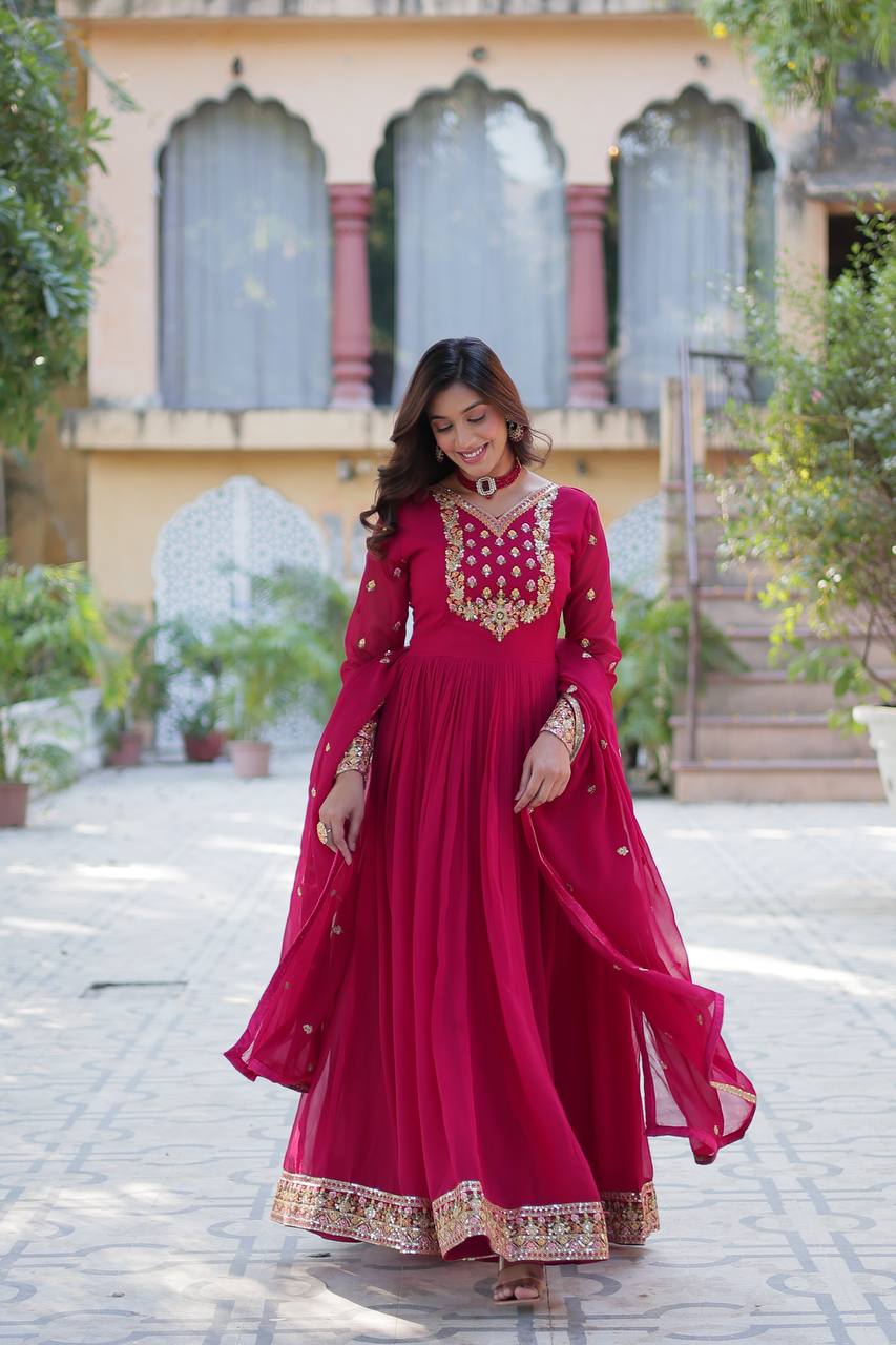 Ravishing Faux Georgette Rich Sequins Embroidered Gown With Dupatta - INDIAN ELEGANCE