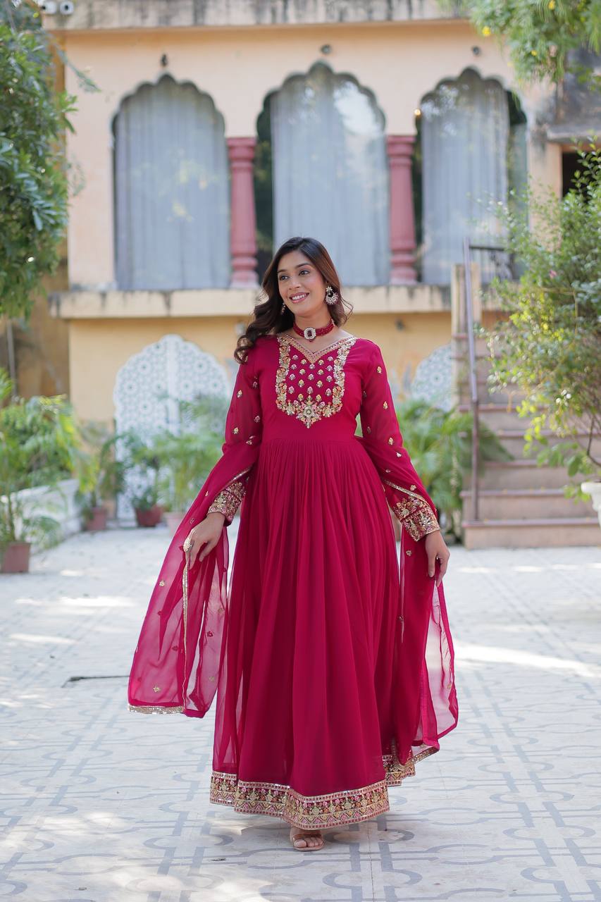 Ravishing Faux Georgette Rich Sequins Embroidered Gown With Dupatta - INDIAN ELEGANCE