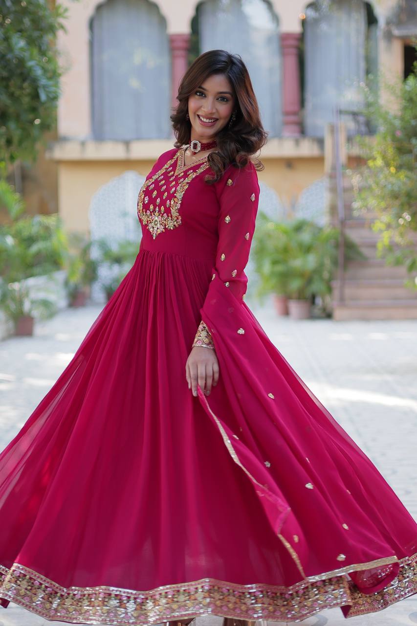 Ravishing Faux Georgette Rich Sequins Embroidered Gown With Dupatta - INDIAN ELEGANCE