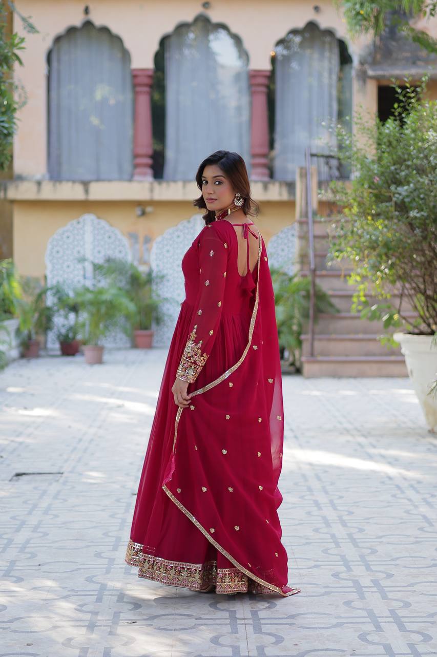 Ravishing Faux Georgette Rich Sequins Embroidered Gown With Dupatta - INDIAN ELEGANCE